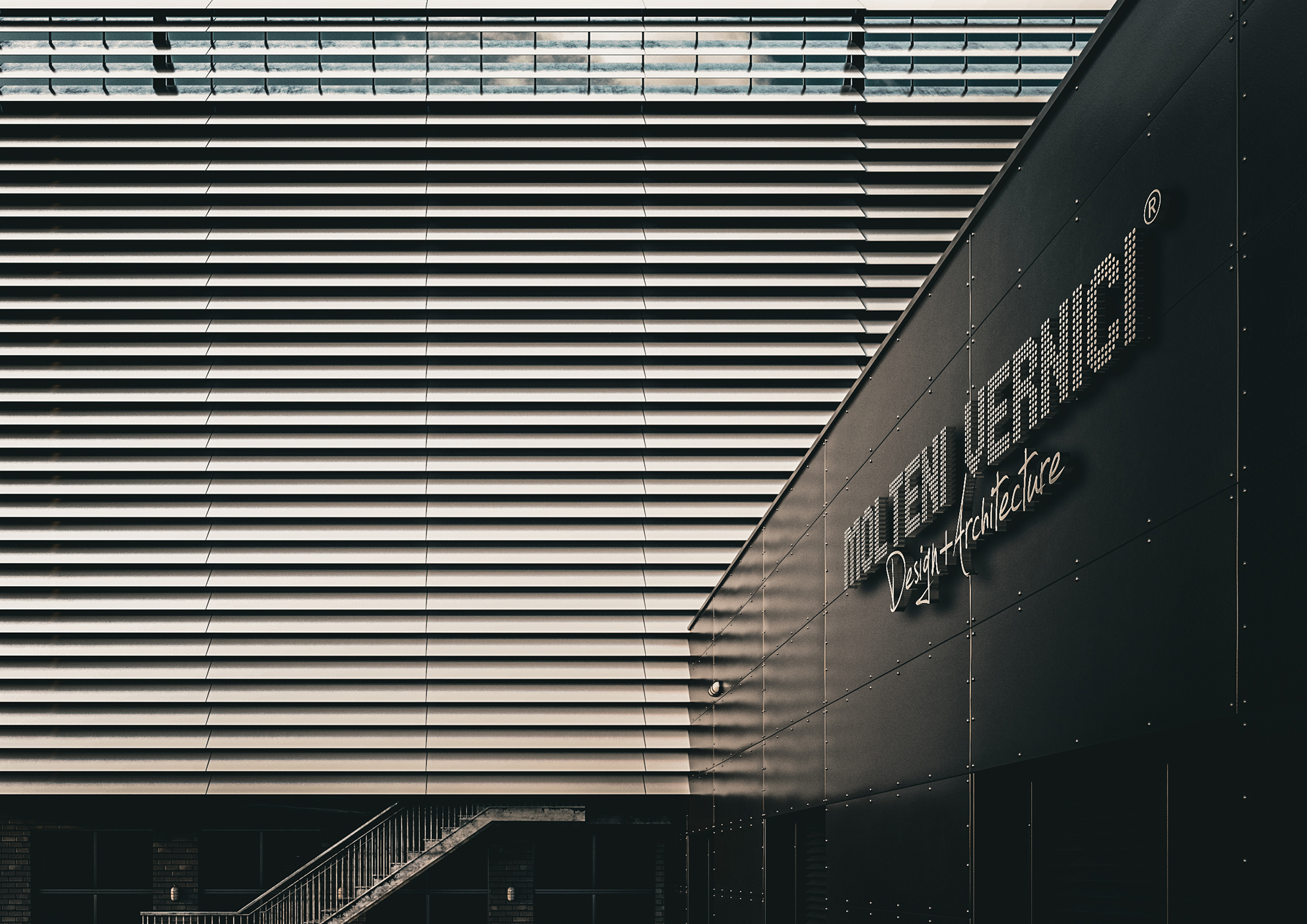 Modern architectural facade with metal cladding and horizontal lines