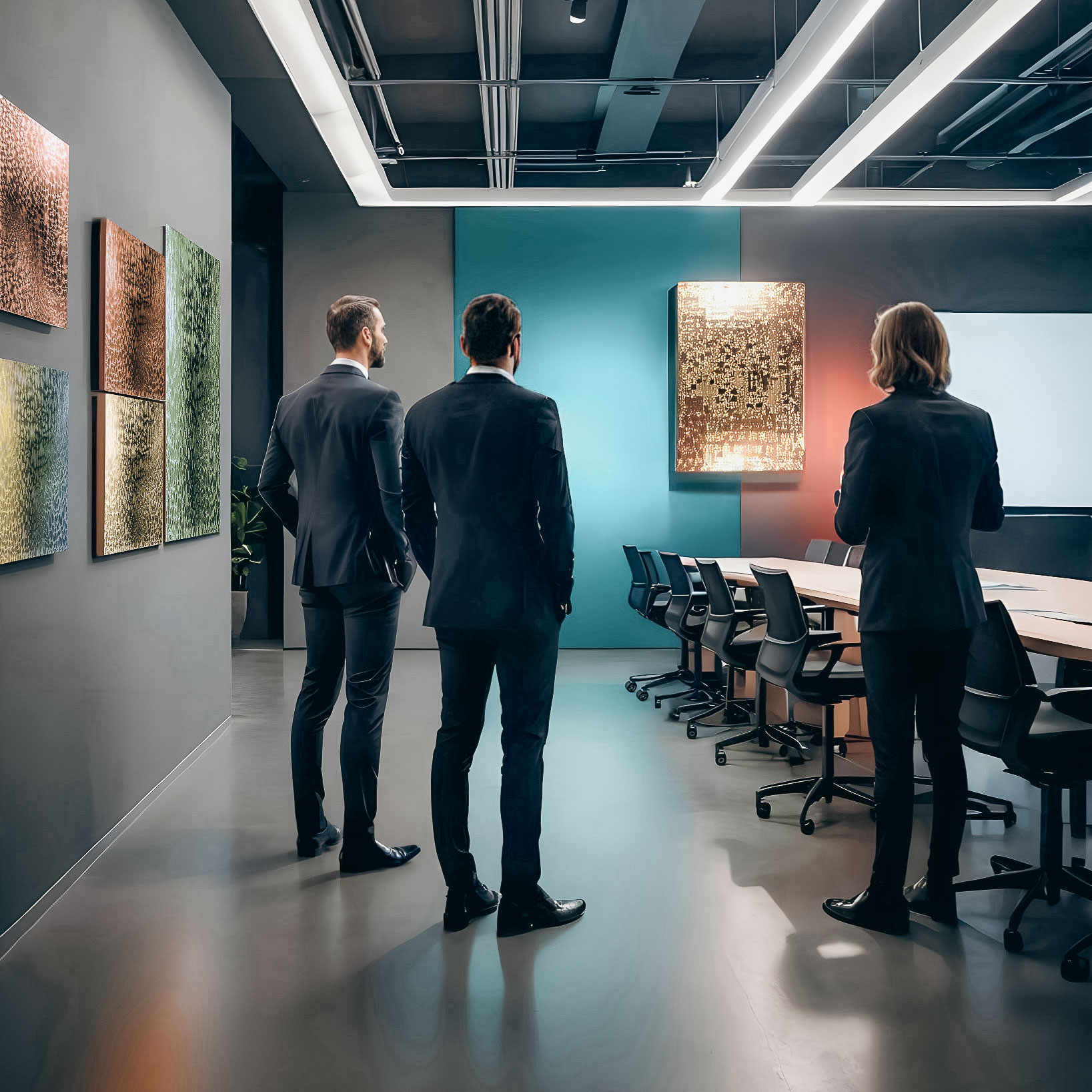 Trois professionnels dos à la caméra dans une salle de réunion moderne