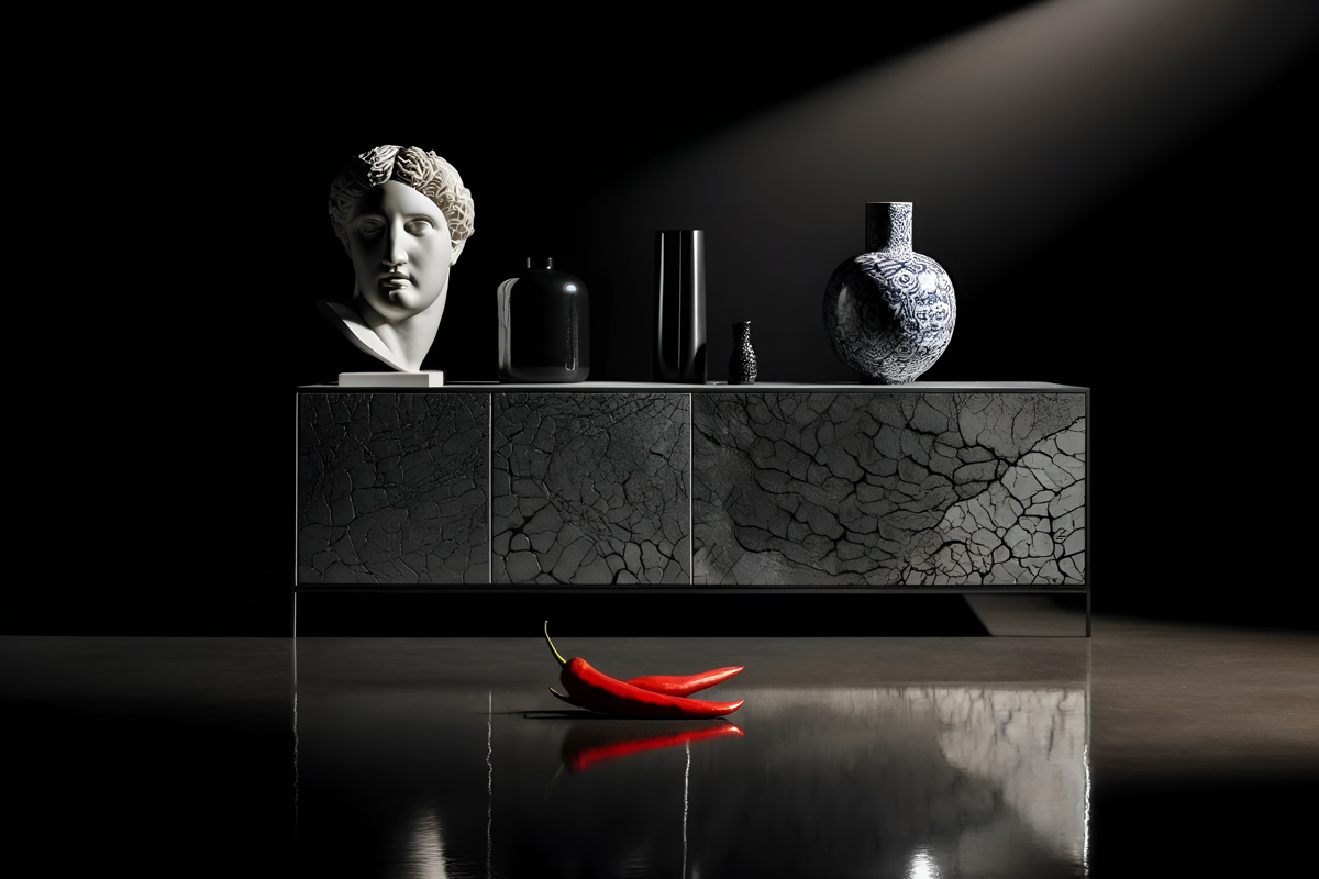 Nature morte dramatique avec buste antique, piments rouges et vases élégants