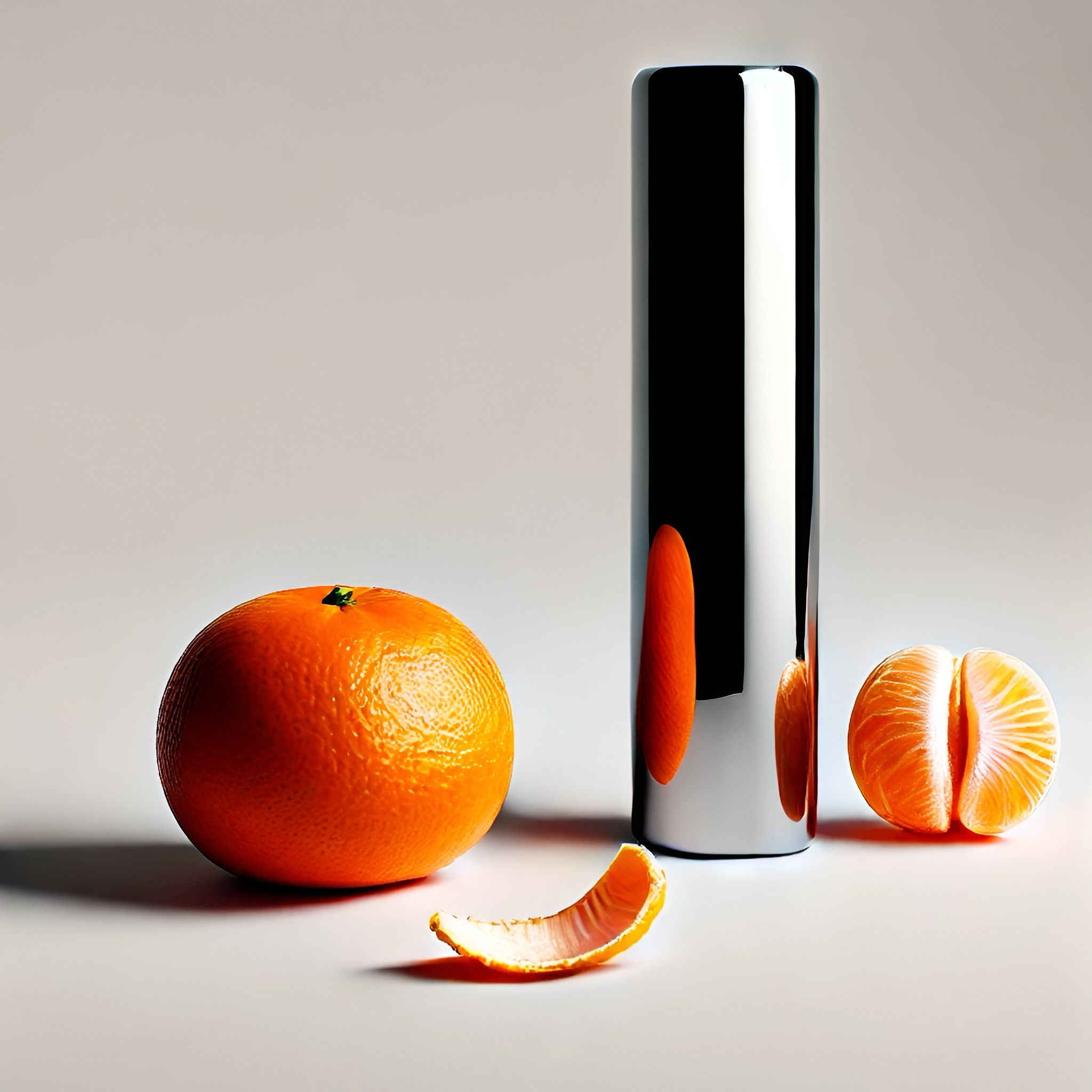 Orange entière et écorchée près d'un objet cylindrique noir et blanc