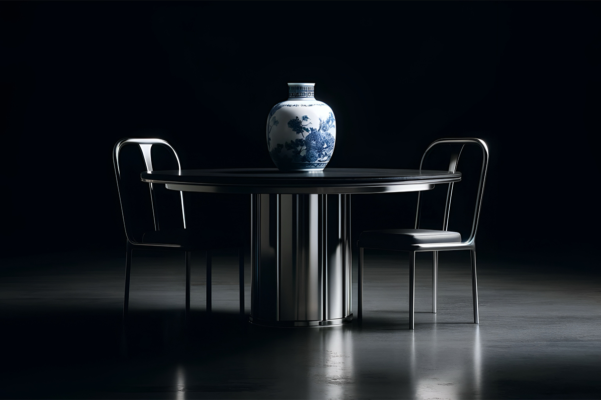 Vase bleu et blanc sur une table avec deux chaises dans un studio sombre