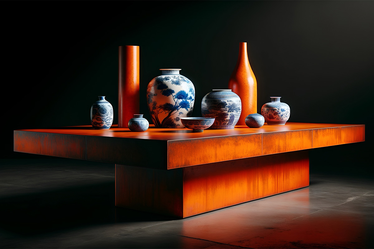 Vases bleus et oranges disposés sur une table moderne dans un éclairage dramatique