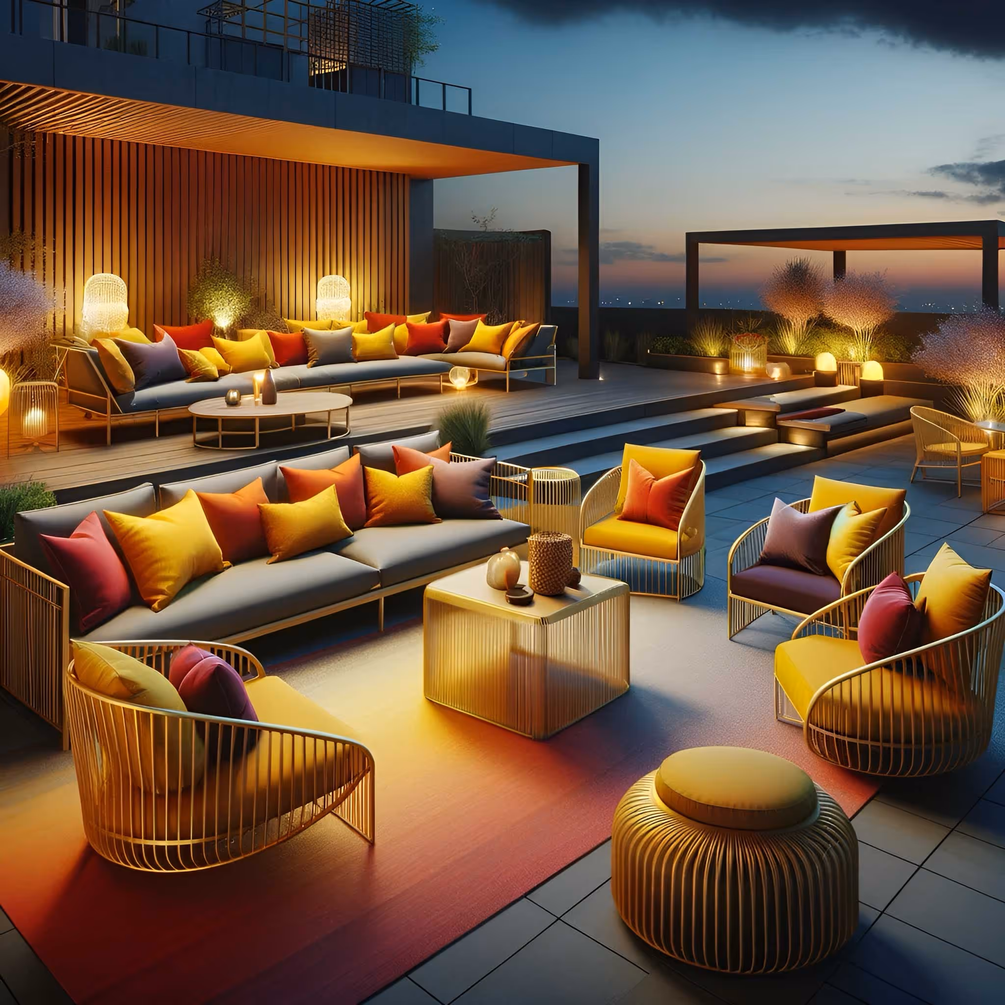 Luxurious rooftop terrace with colorful seating and warm lighting at sunset