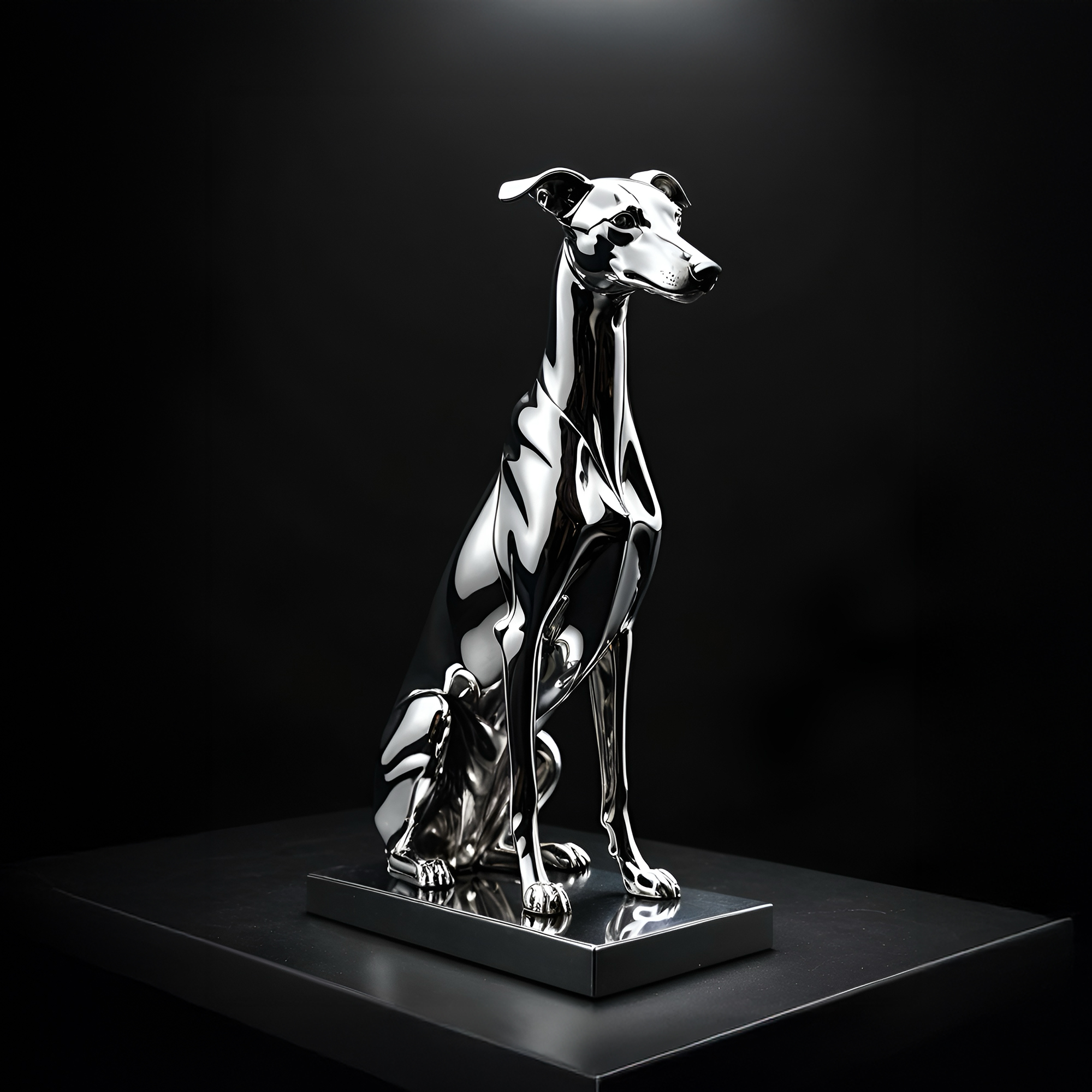 Sculpture chromée d'un lévrier élégant sur un socle noir brillant
