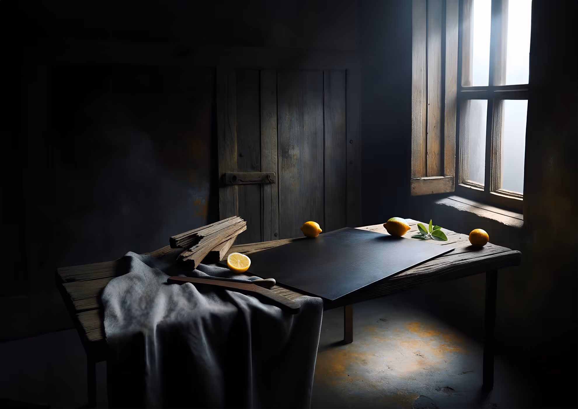 Pintura con efecto monocromático de limones en mesa oscura, Molteni-Vernici