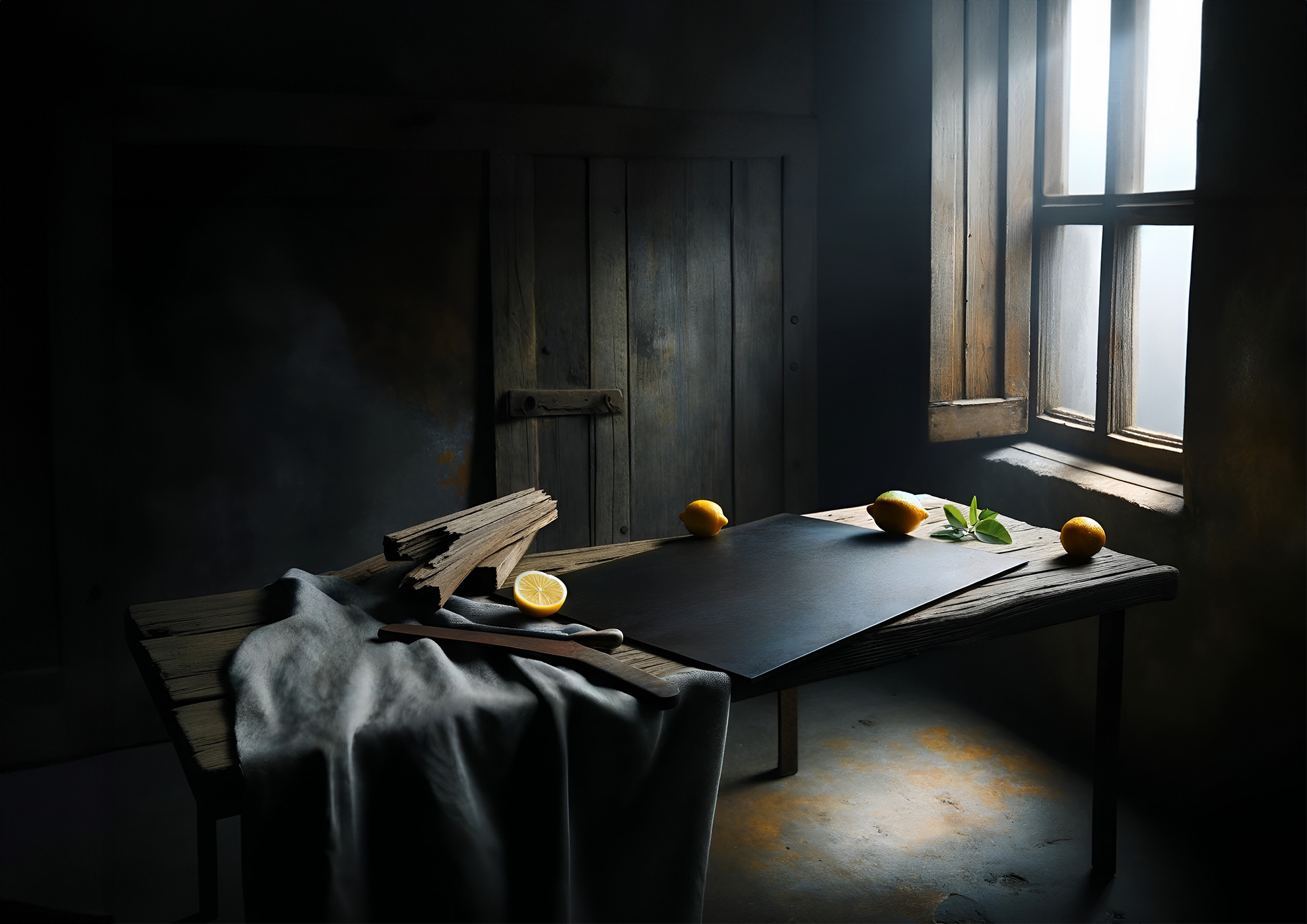 Citrons mûrs sur une table rustique, lumière douce traversant la fenêtre
