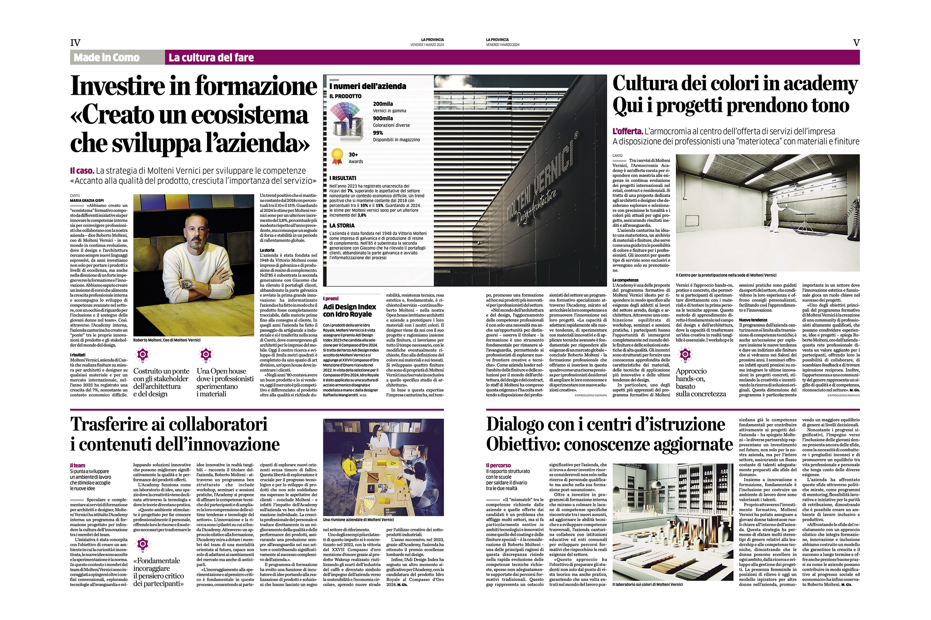 Page de magazine italienne avec des articles sur la formation et l'entreprise