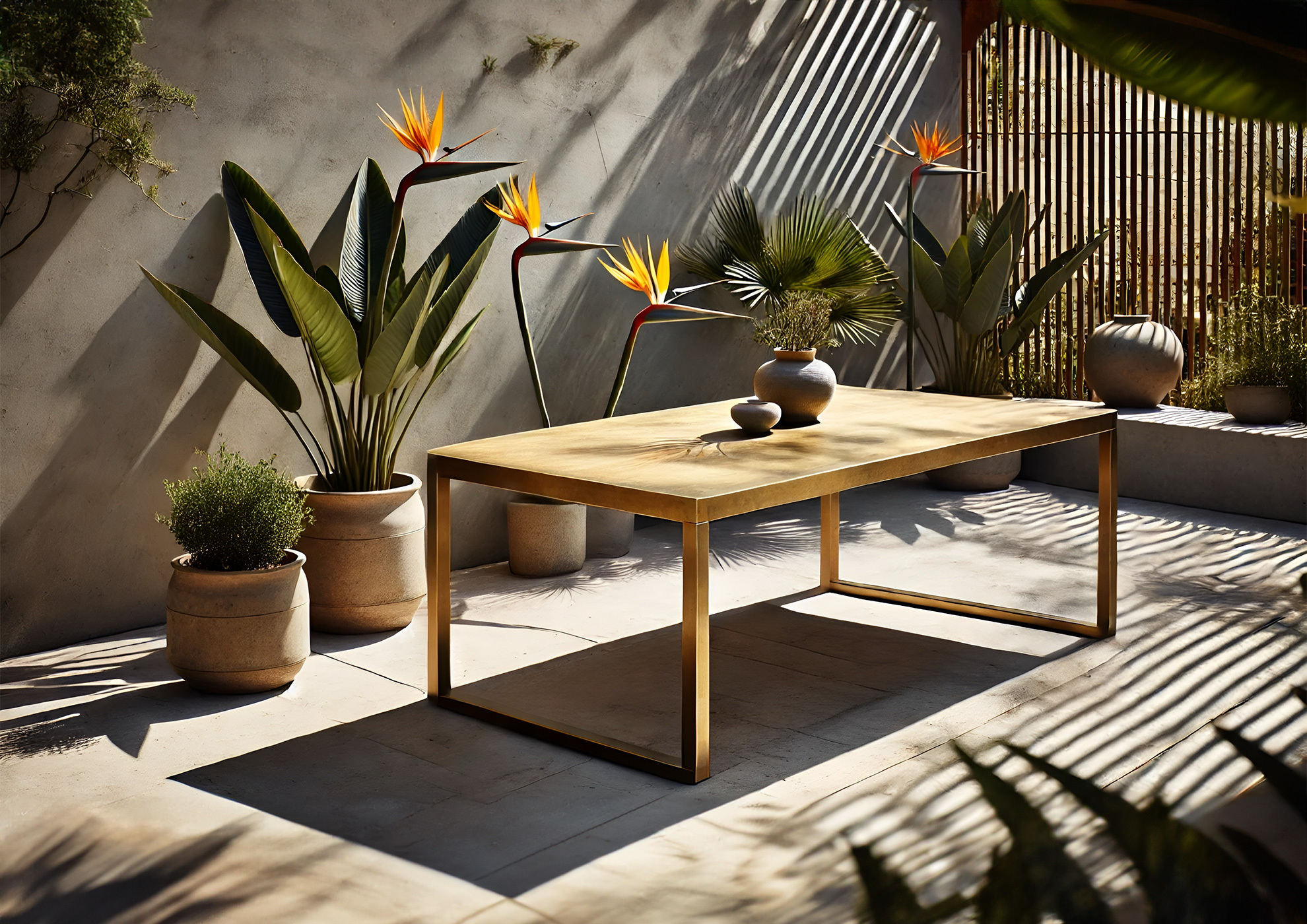 Table dorée avec des plantes tropicales et des ombres élégantes