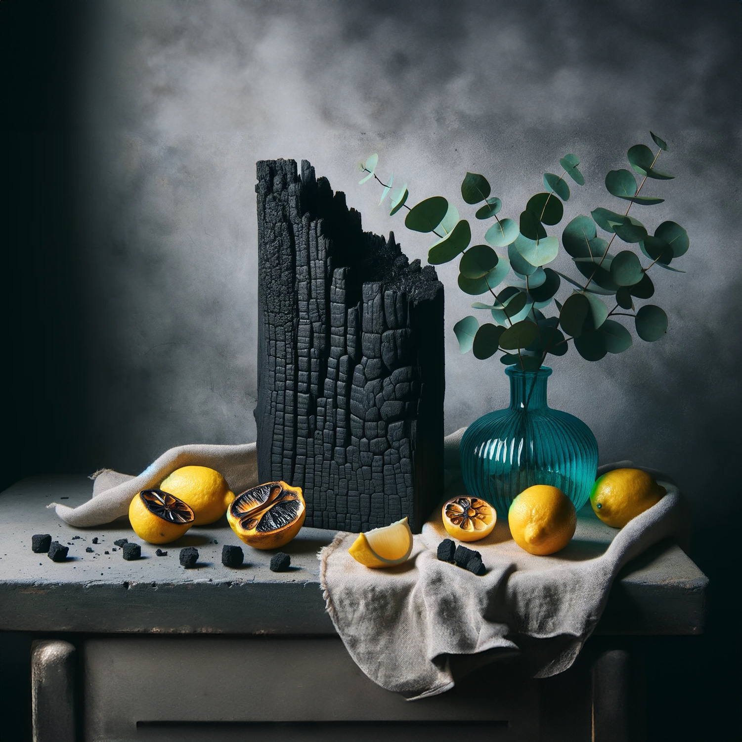 Nature morte avec citrons, bois carbonisé et vase bleu-vert