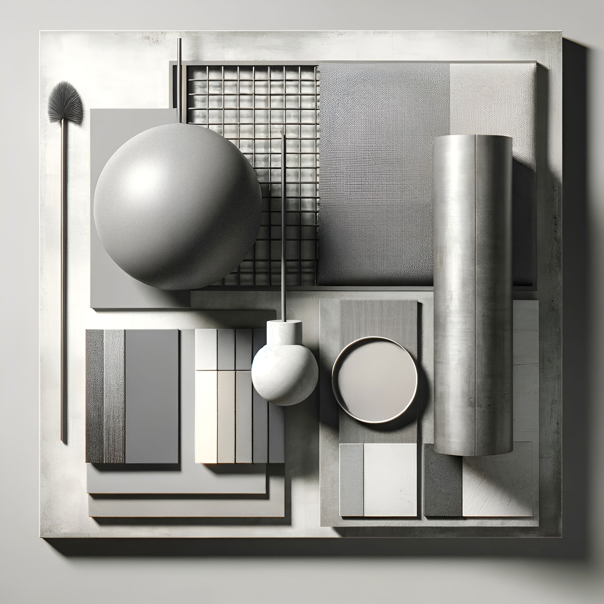 Geometric composition with grayscale shapes, spheres, and architectural elements