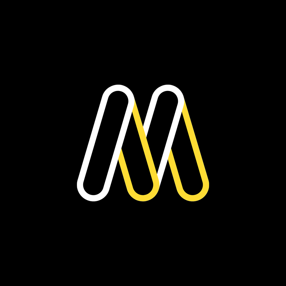 Stylized letter M in white and yellow on black background