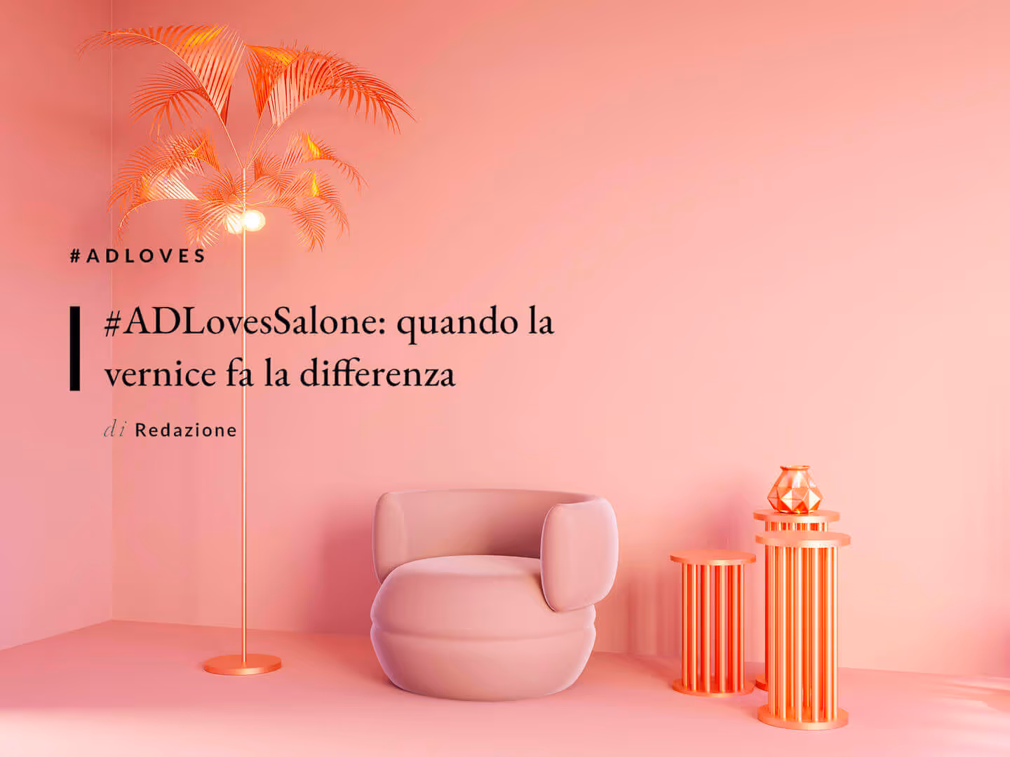 Poltrona rosa con lampada e decorazioni MOLTENI, VERNICI in ambiente monocromatico