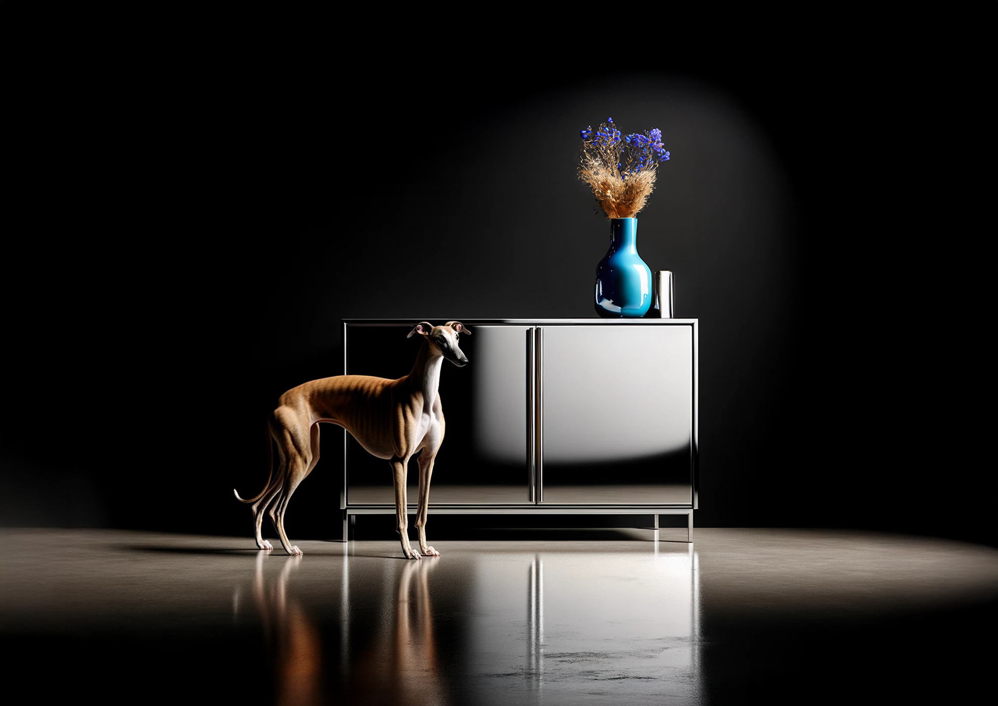 MOLTENI-VERNICI peintures spéciales : élégant lévrier près d'un vase bleu design