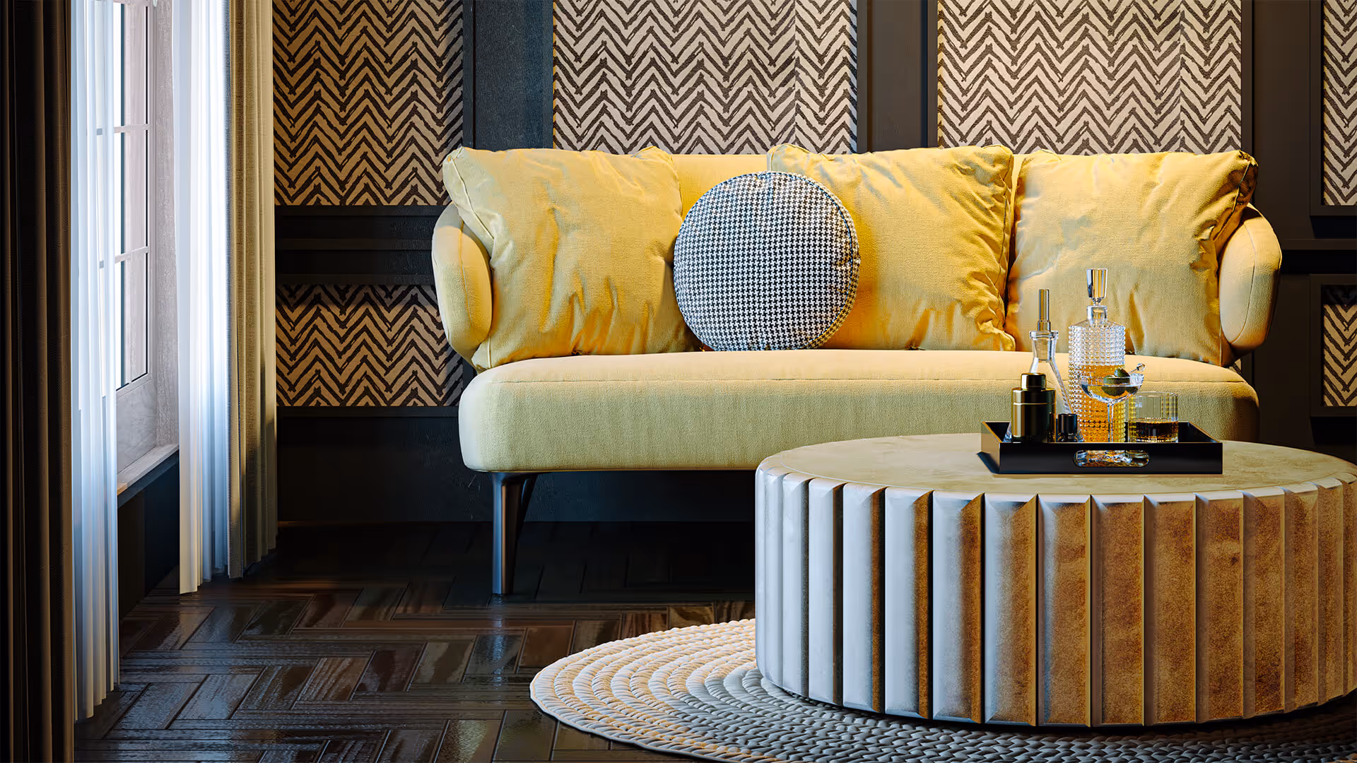 Divano giallo con cuscini in stile MOLTENI, dettagli di VERNICI eleganti