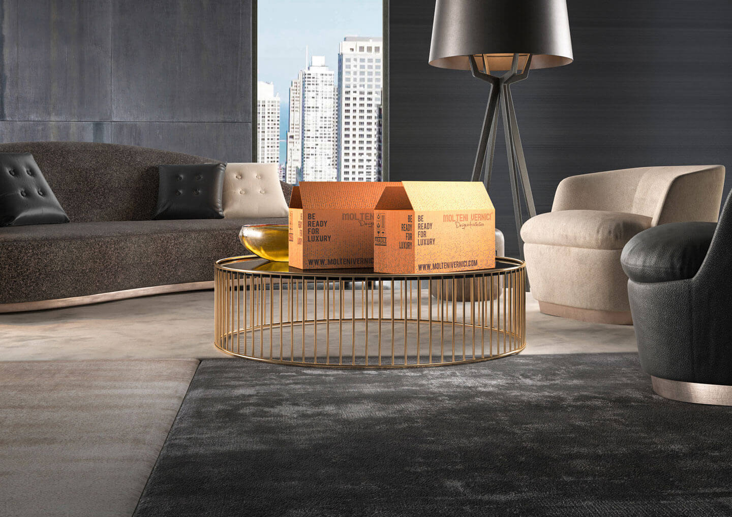MOLTENI VERNICI special paints boxes on golden coffee table with city view