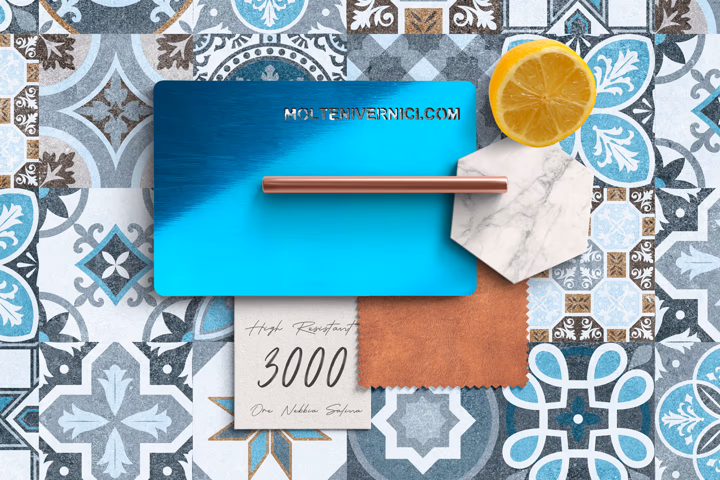 Campione di vernice MOLTENI-VERNICI con limone su sfondo di piastrelle decorative