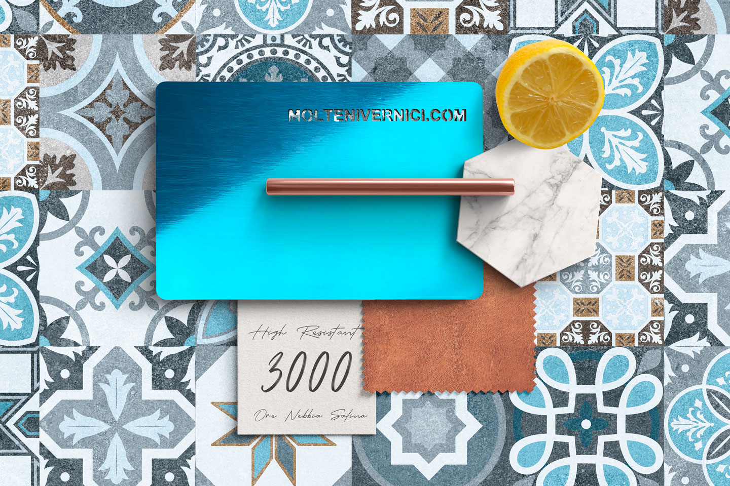 MOLTENI VERNICI special paints color palette with lemon on decorative tile