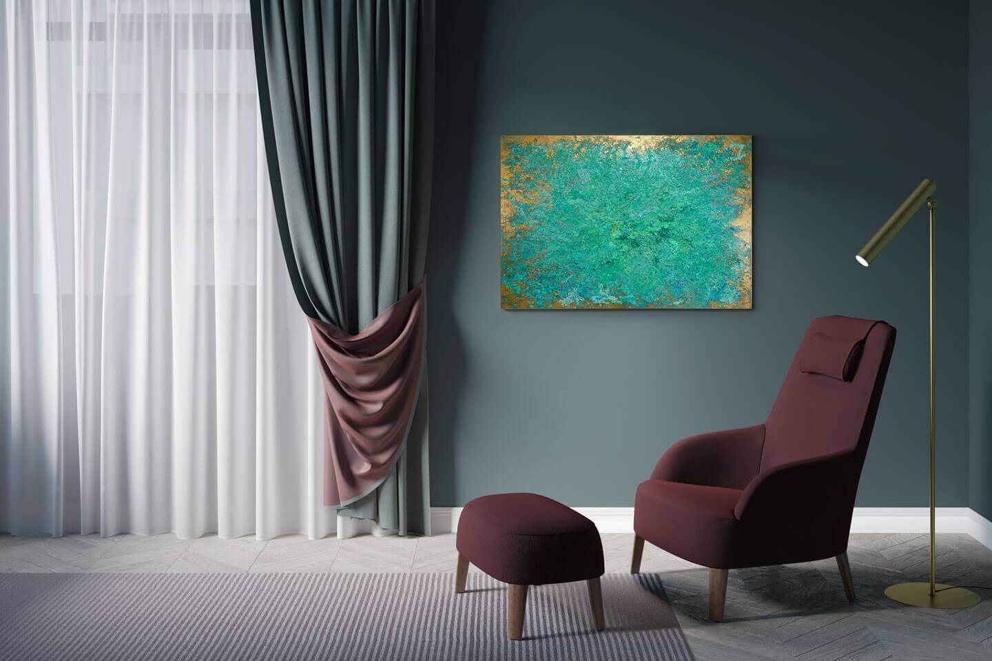 MOLTENI, VERNICI special paints create turquoise artwork in minimalist room
