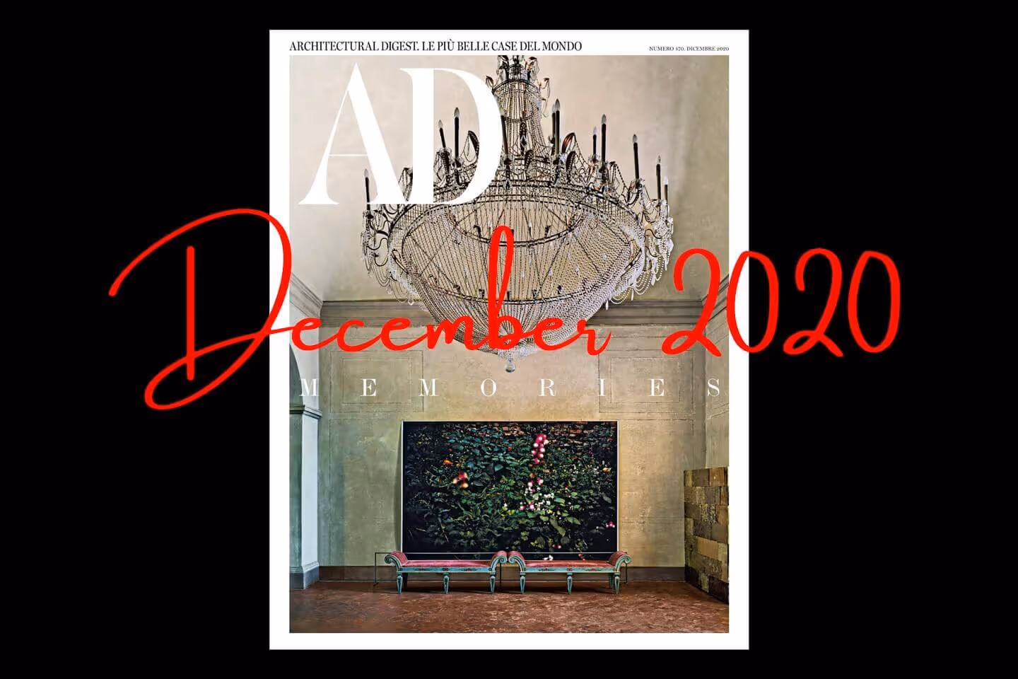 Rivista AD: lampadario di cristallo e cornice botanica con MOLTENI, VERNICI