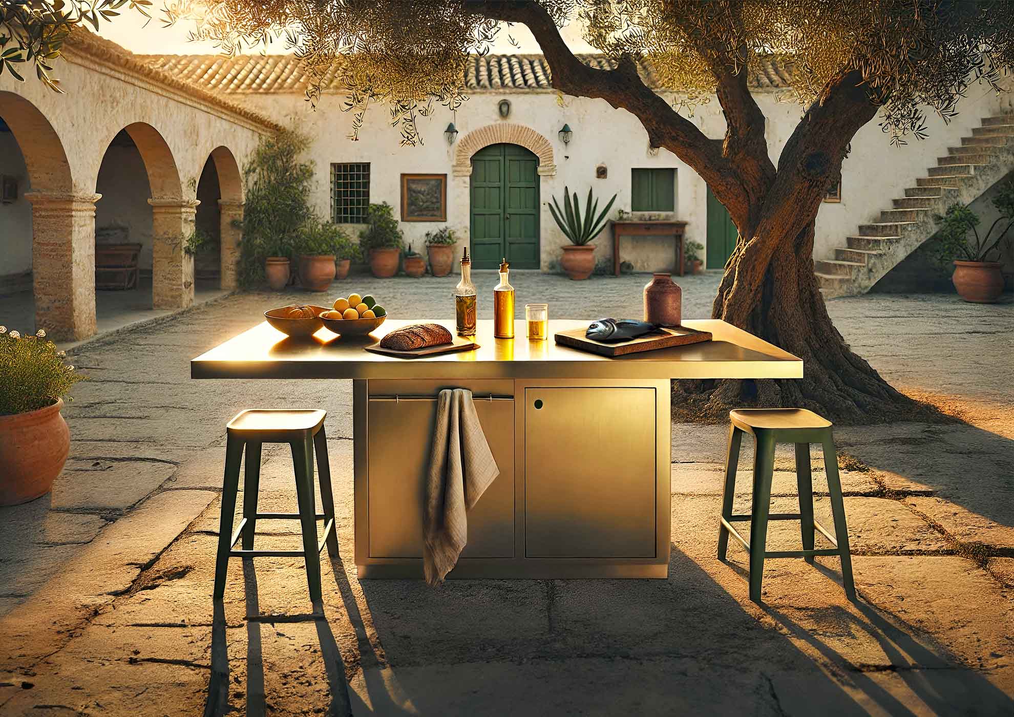Îlot de cuisine MOLTENI-VERNICI avec peintures spéciales dans une cour méditerranéenne