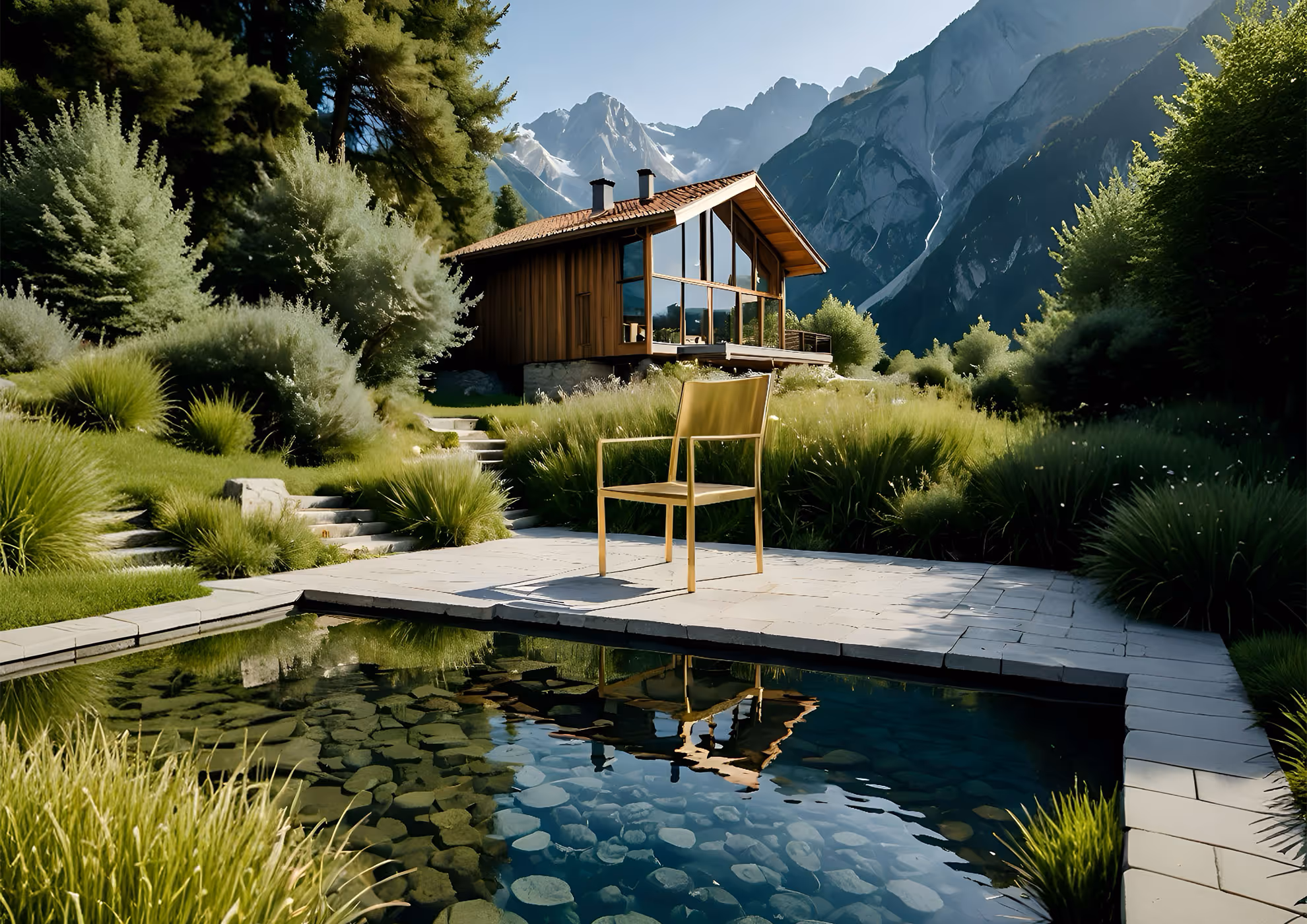 Silla dorada MOLTENI-VERNICI junto a estanque con acabados especiales en paisaje alpino