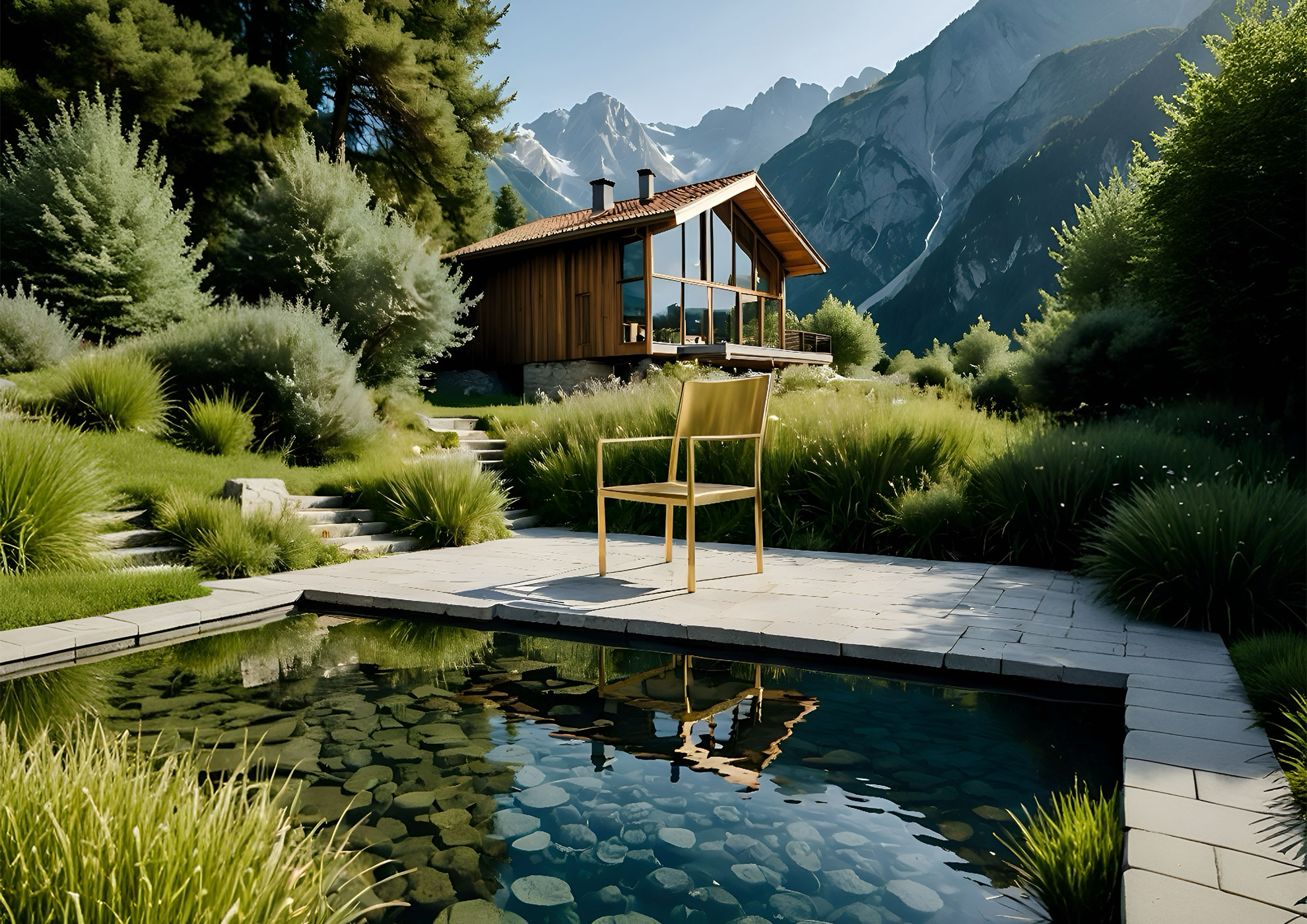 Chaise dorée près d'un étang, cabane en bois MOLTENI-VERNICI peintures spéciales