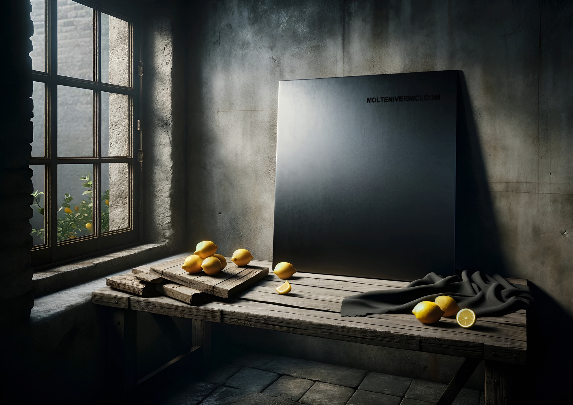 Nature morte avec citrons et panneau MOLTENI-VERNICI pour peintures spéciales
