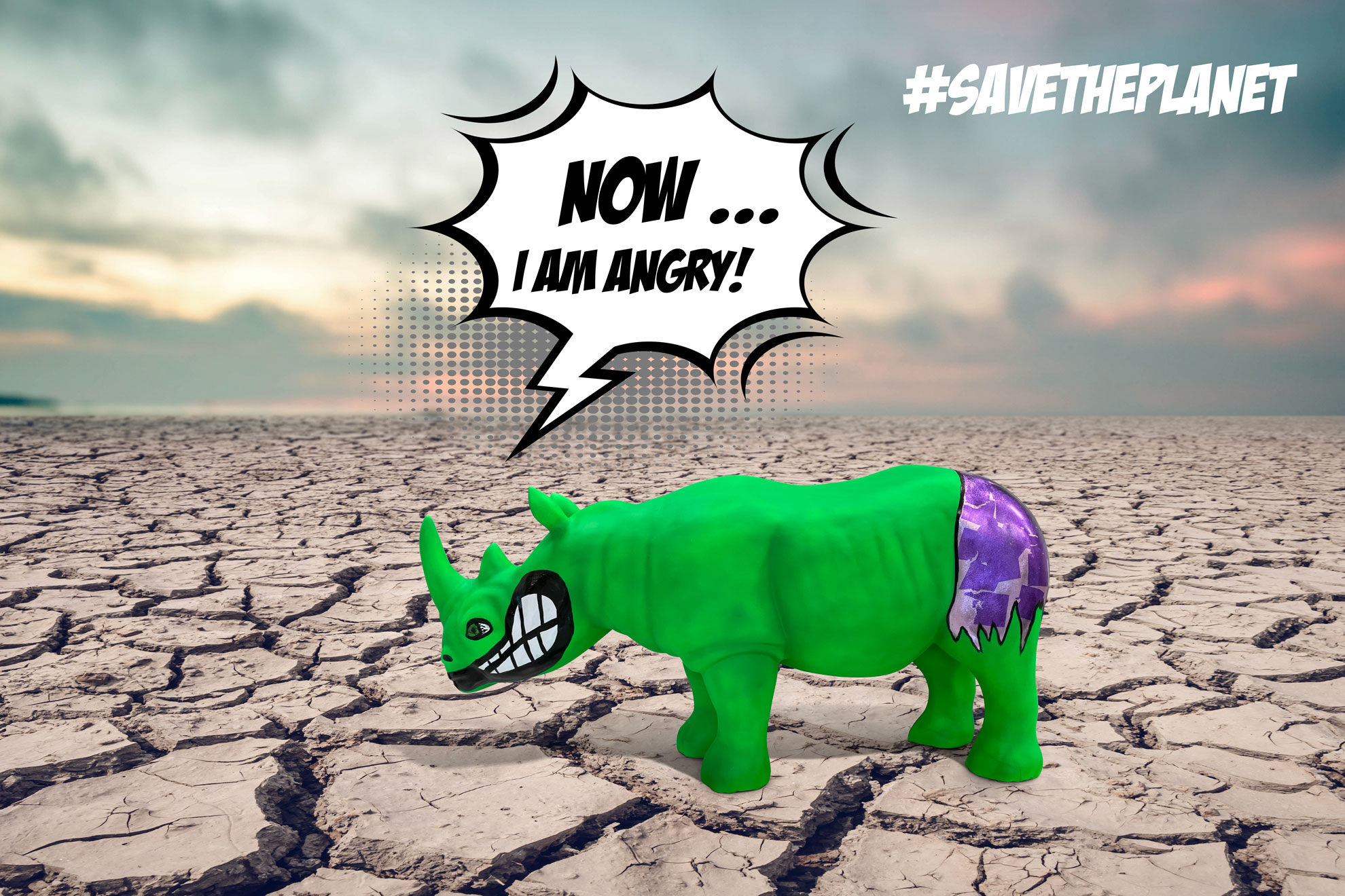 Green rhino sculpture painted with MOLTENI VERNICI special paints, angry about planet