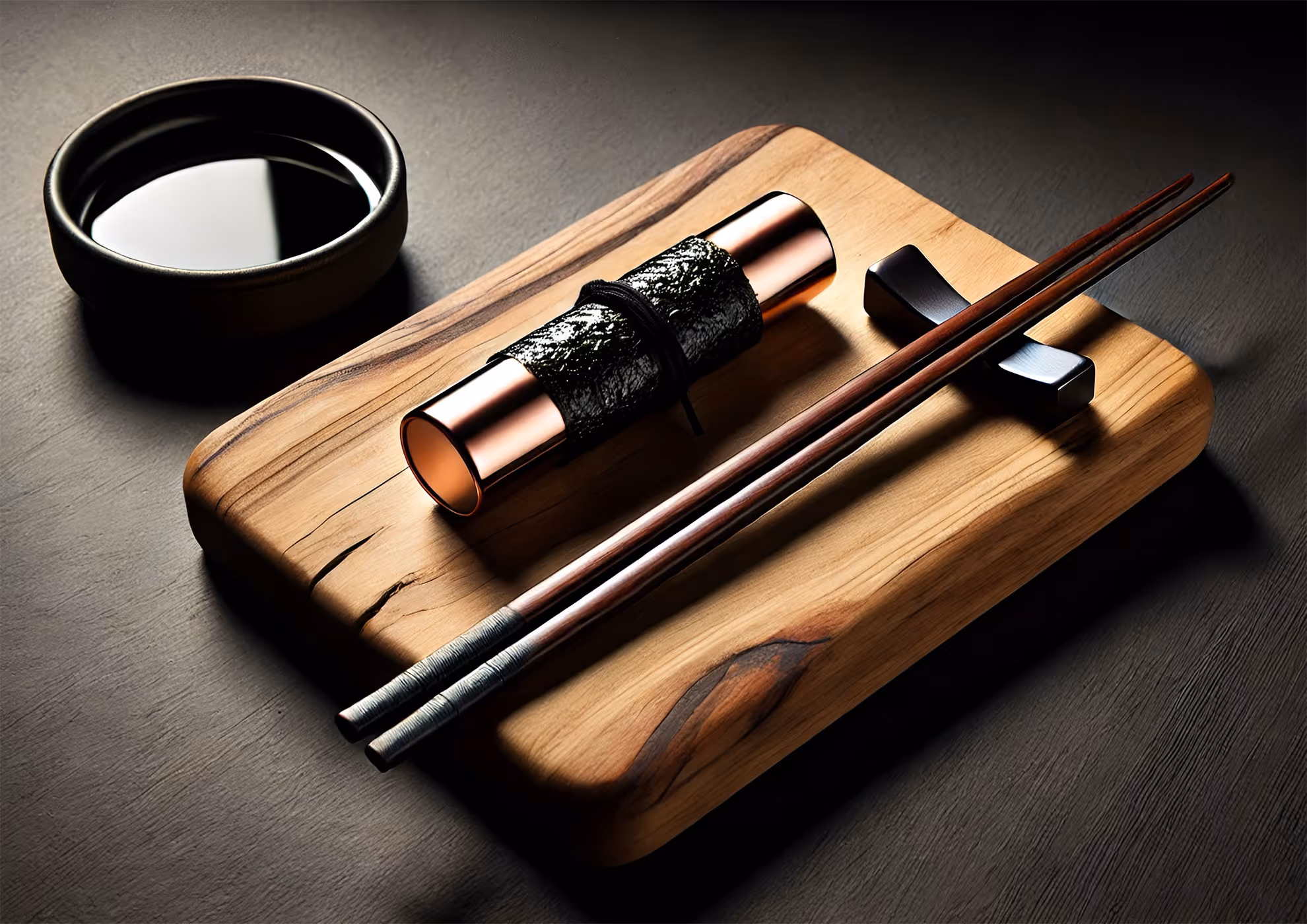Bacchette e contenitore in legno Molteni con vernici metalliche scure