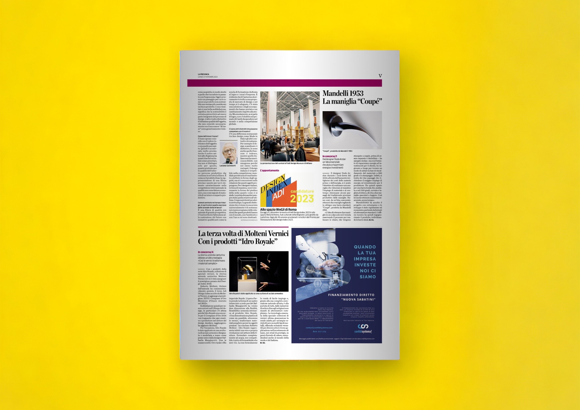 MOLTENI-VERNICI : page de magazine mettant en valeur des finitions, design et innovations