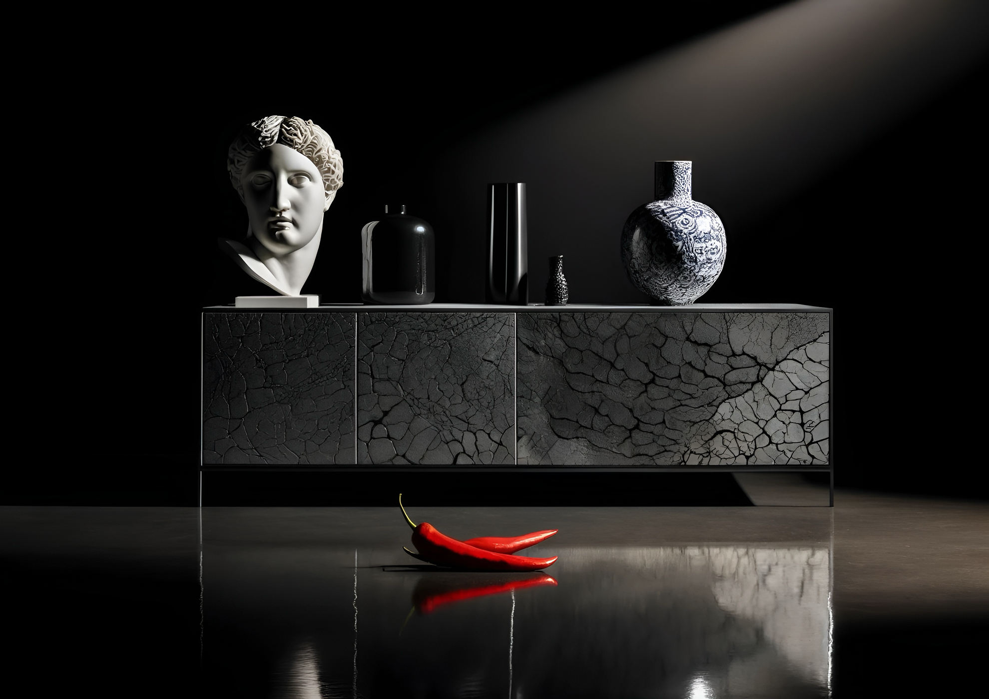 Composition MOLTENI-VERNICI avec statue, piments et finitions spéciales texturées
