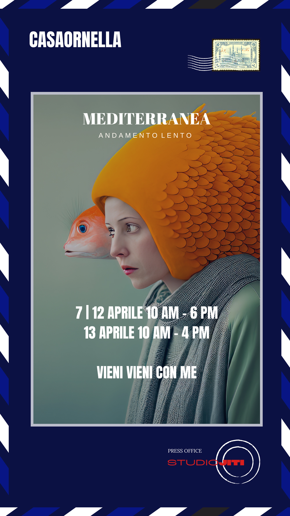 Poster Mediterranea con donna e pesce, vernici speciali MOLTENI VERNICI