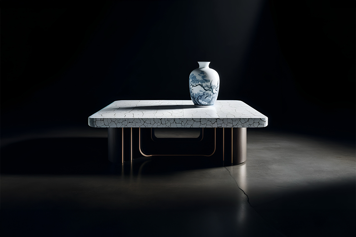 Table élégante avec vase MOLTENI-VERNICI, peintures spéciales finitions texturées