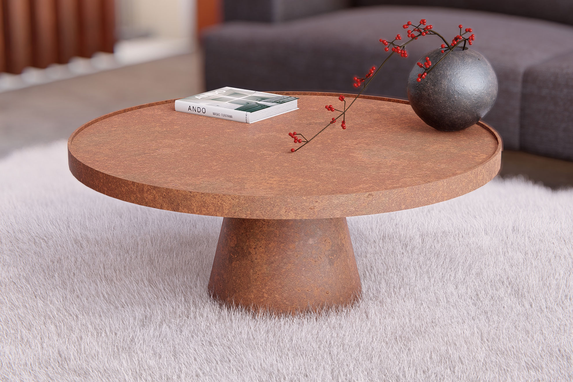 Designertisch mit Speziallacke von MOLTENI-VERNICE, Oberflächen mit Buch und Beeren