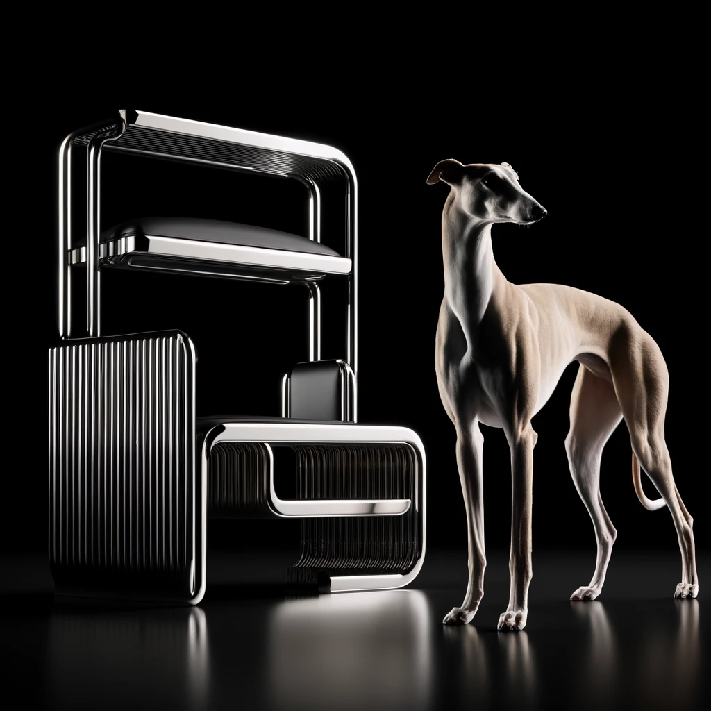 Elegante Speziallacke von MOLTENI-VERNICI: Whippet neben modernem Regal, made-in-italy