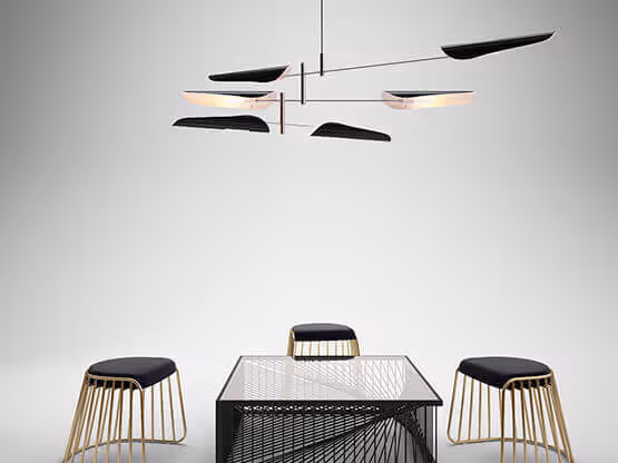 MOLTENI-VERNICI Spezialfarben: Moderner Designraum mit Deckenlampe und Möbeln