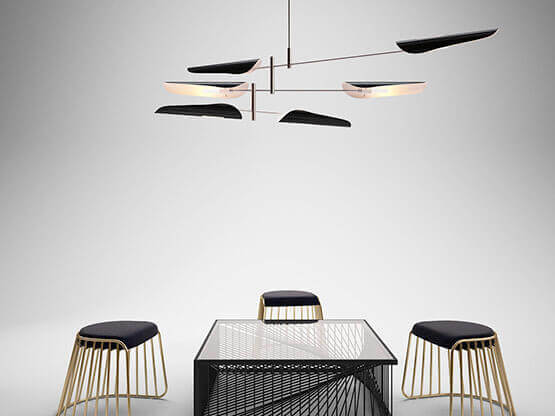 MOLTENI-VERNICI Spezialfarben: Moderner Designraum mit Deckenlampe und Möbeln