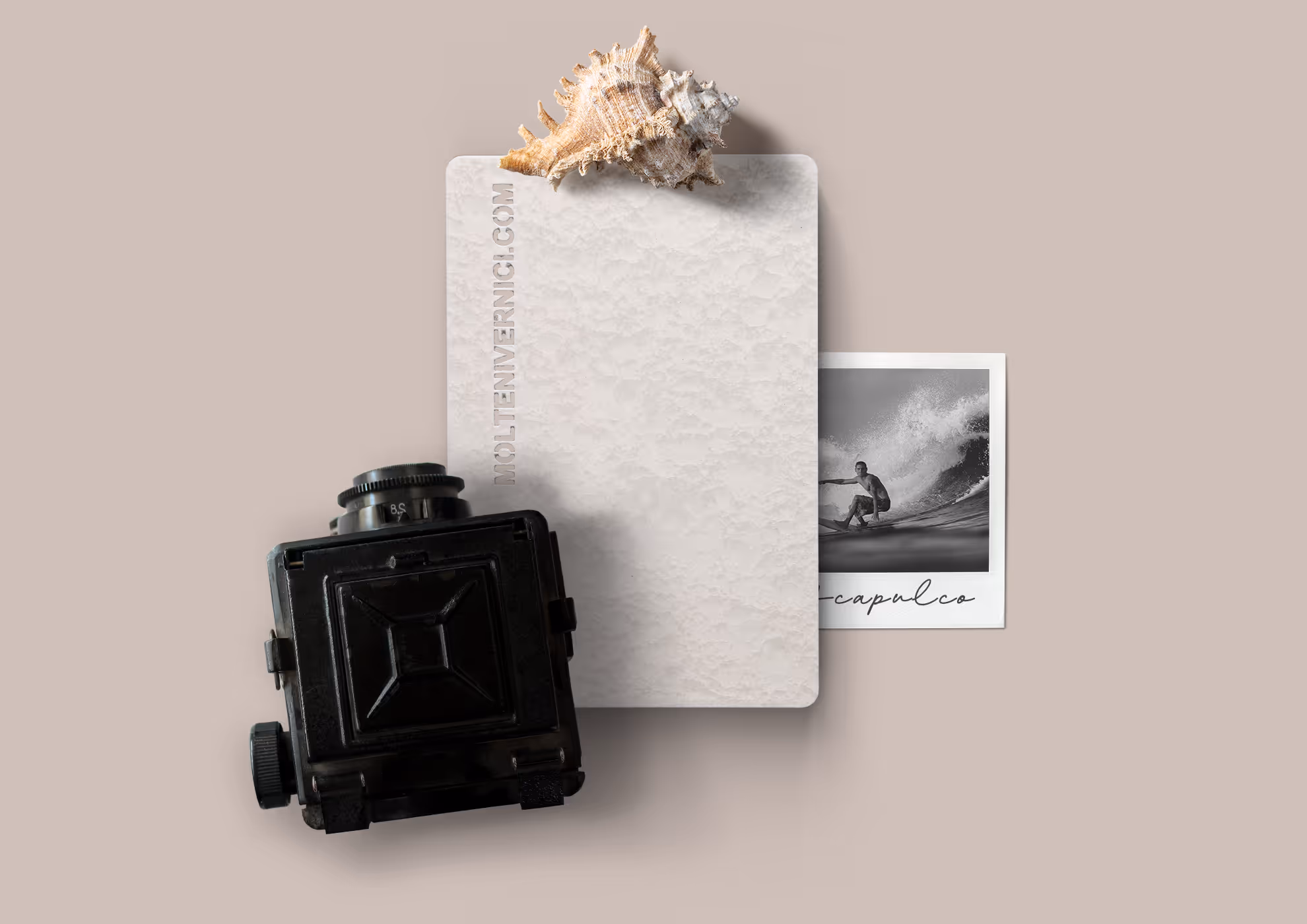 Esmalte especial Molteni-Vernici con cámara vintage, concha y foto de surf