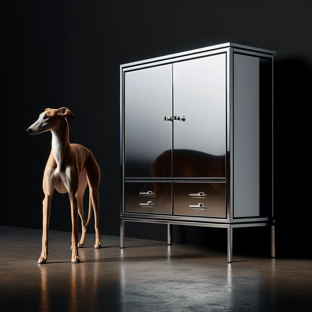 MOLTENI-VERNICI Sonderausführung: Eleganter Whippet neben glänzendem Schrank