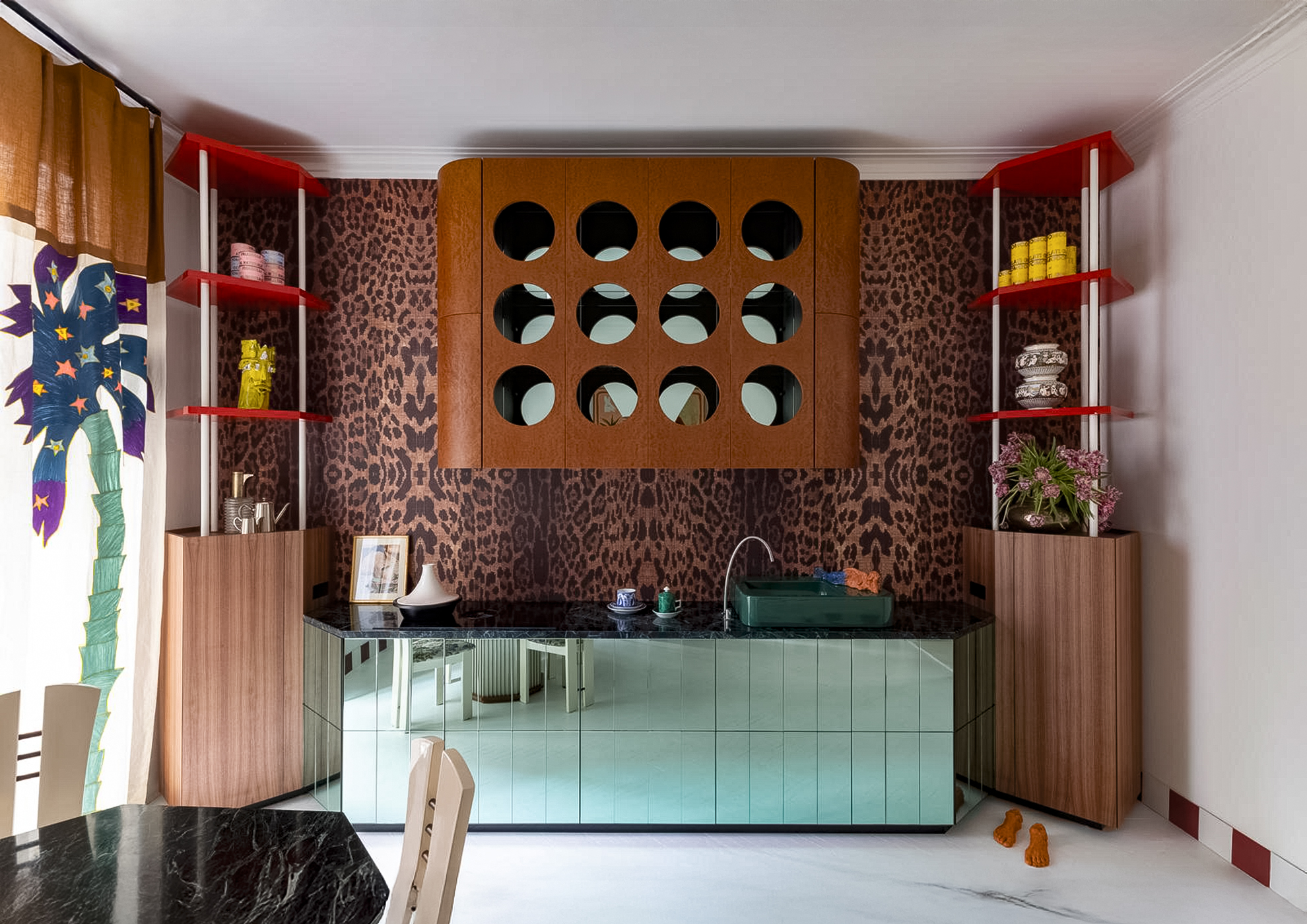 MOLTENI-VERNICI special paint kitchen with leopard wallpaper and geometric design