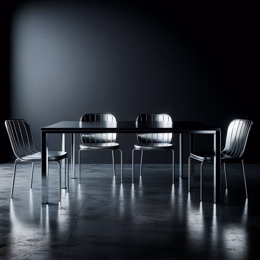 MOLTENI-VERNICI special paint creates sleek metallic chairs and table