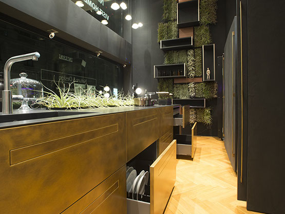 Cuisine moderne MOLTENI-VERNICI aux finitions premium, peintures élégantes et plantes vertes