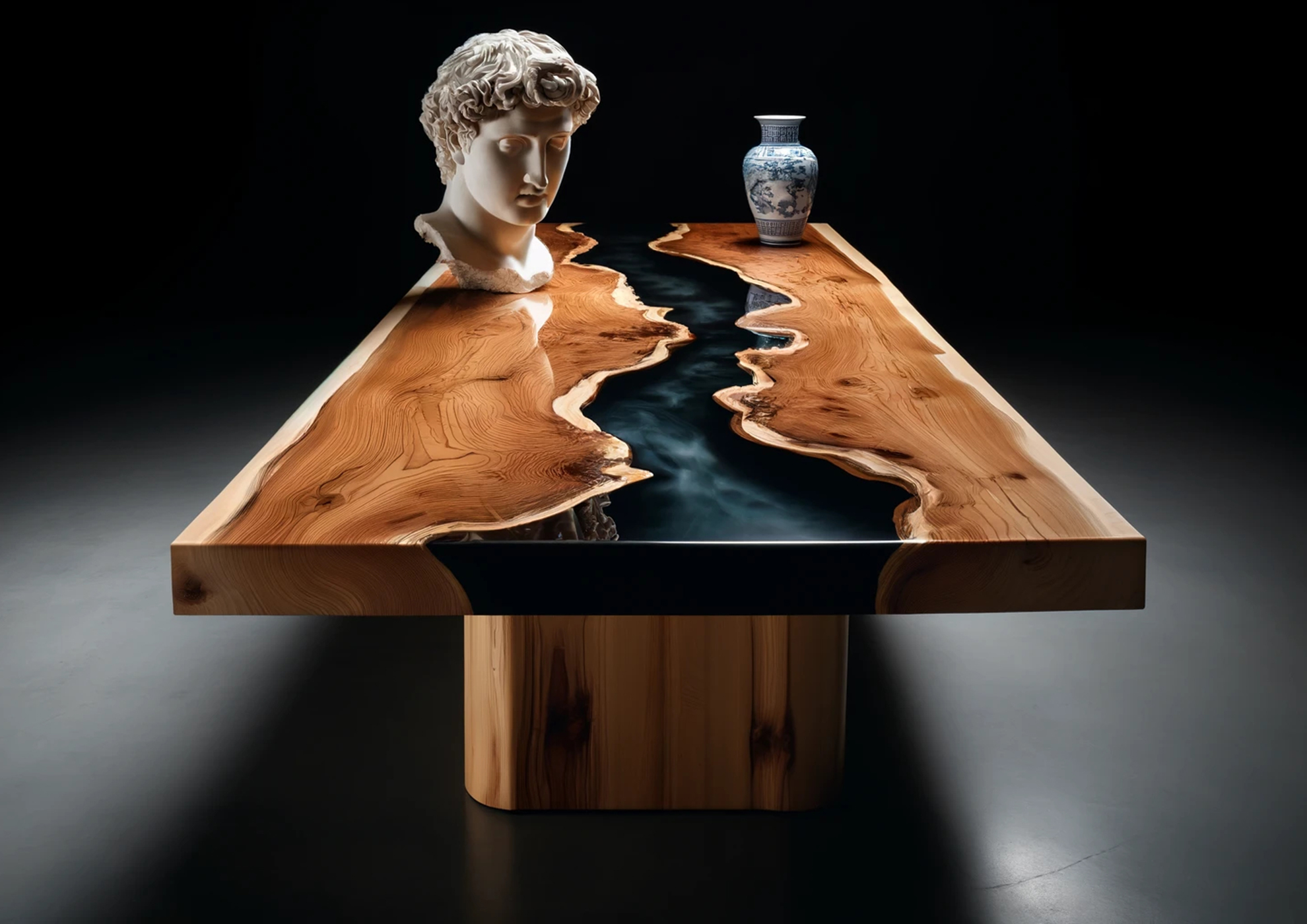 Mesa de madera con pintura, con efecto río, busto y jarrón Molteni-Vernici