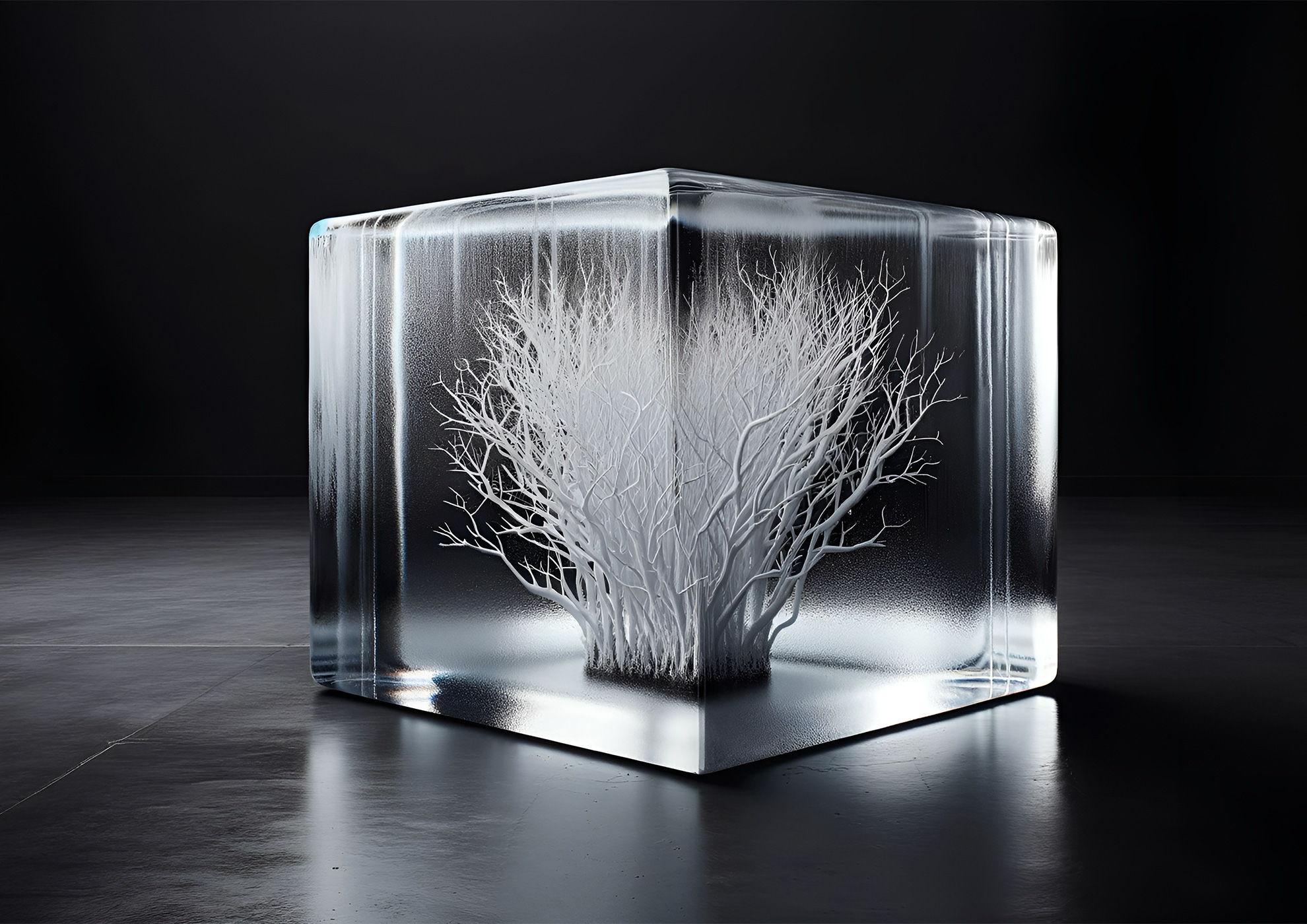 Pintura con efecto Molteni-Vernici de árbol blanco encerrado en cubo de cristal