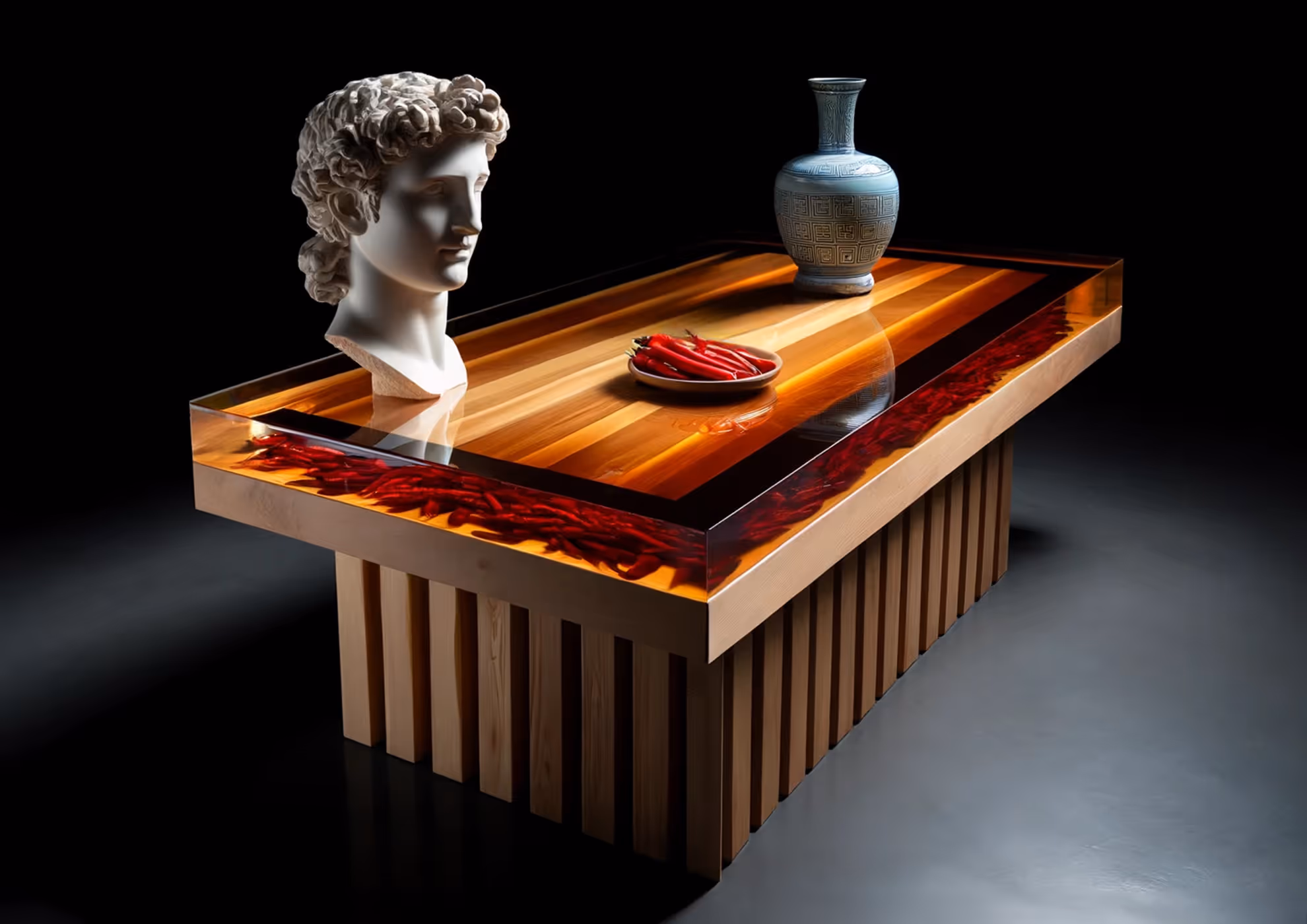 Tavolo di design con busto, vaso e peperoncini, verniciatura MOLTENI-VERNICI