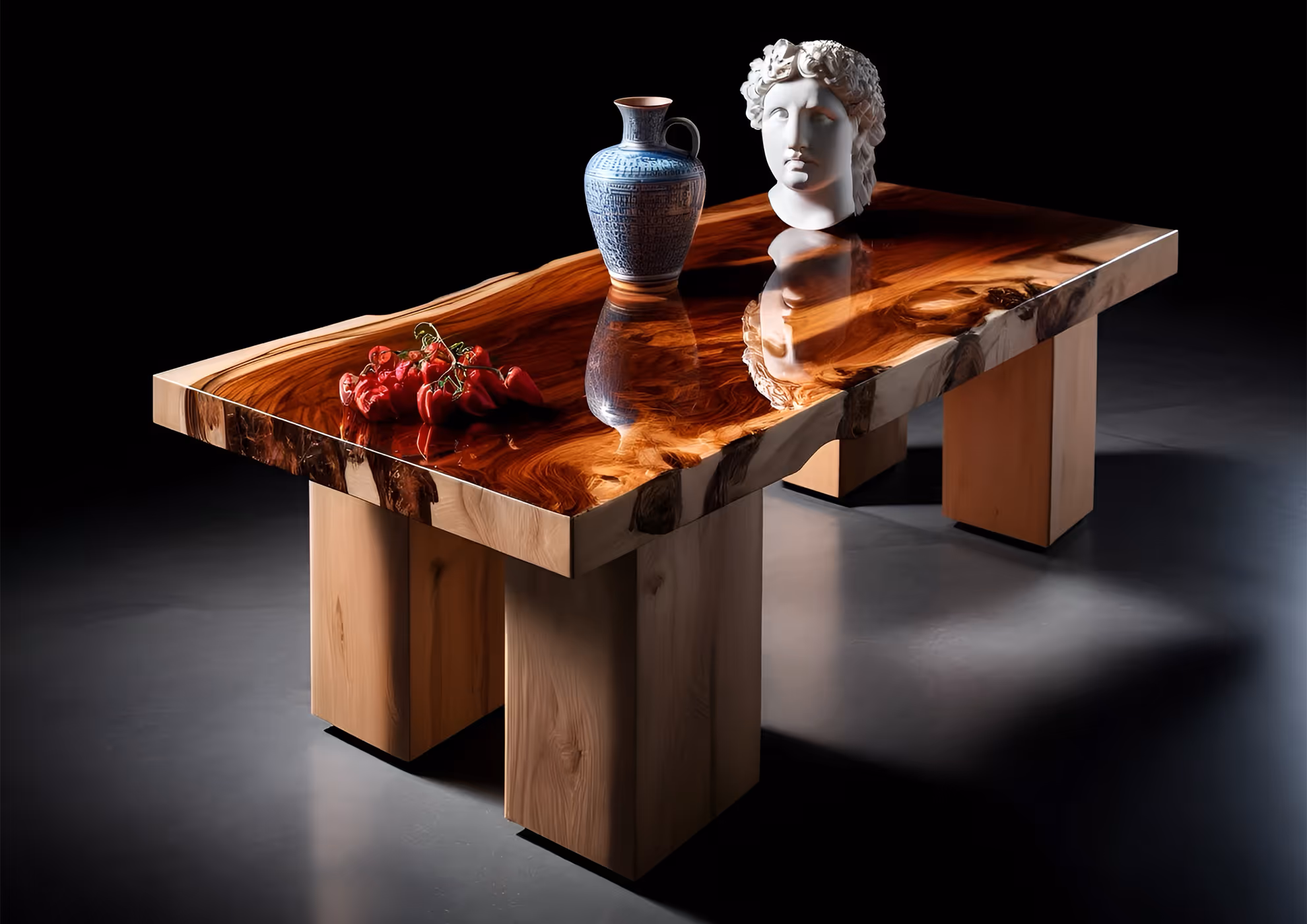 Tavolo in legno con vernice MOLTENI-VERNICI, testa in marmo e vaso blu