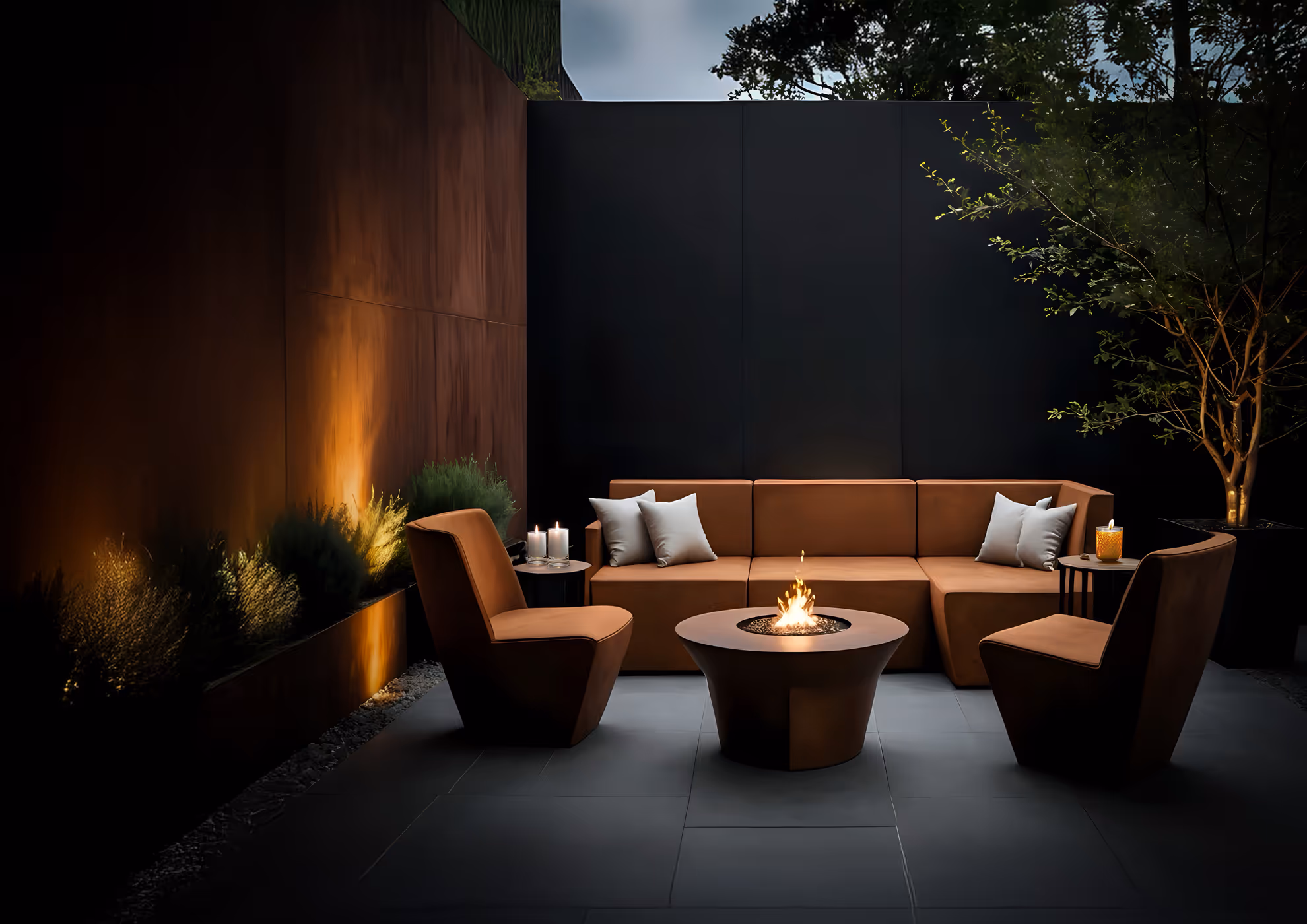 MOLTENI-VERNICI Spezialfarbe für die Architektur: Moderner Außenbereich mit Feuerstelle