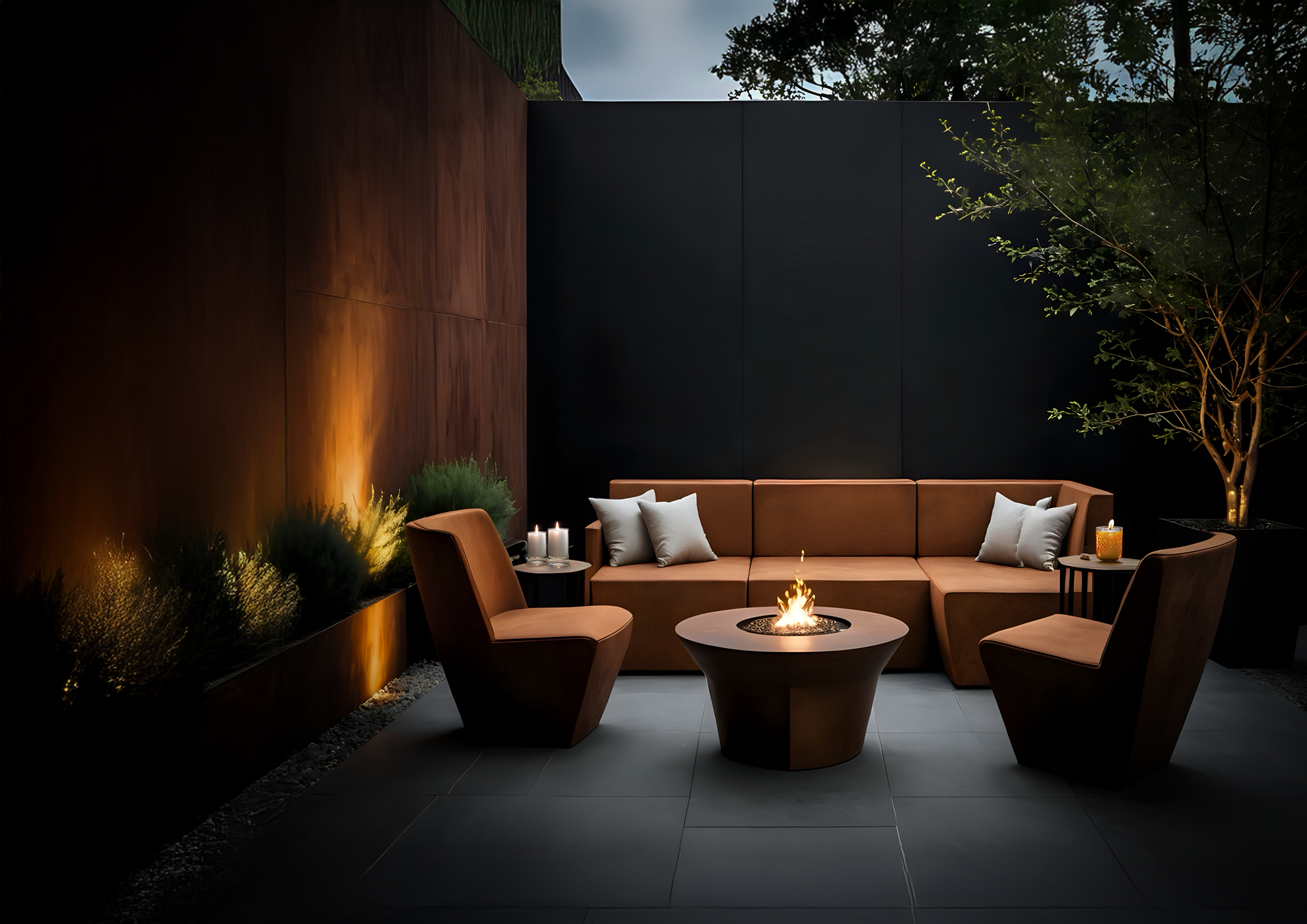 Terrasse élégante MOLTENI-VERNICI avec mobilier brun et feu central, finitions premium made in Italy