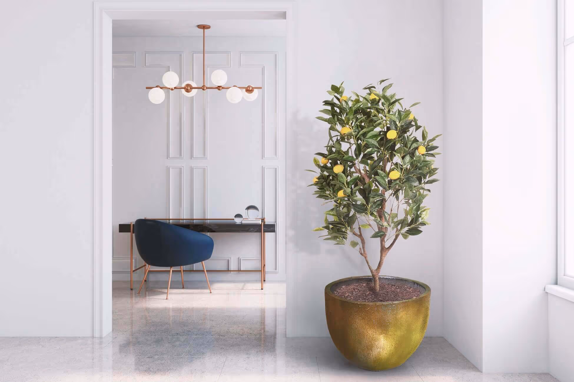 Pintura con efecto minimalista Molteni-Vernici, limón decorativo, silla azul