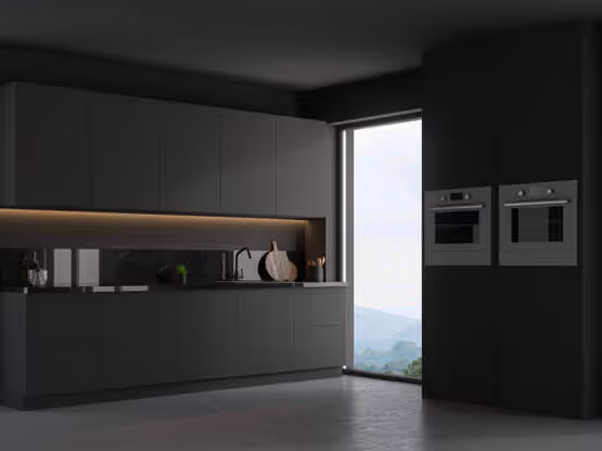Cuisine moderne grise Molteni-Vernici avec vernis spéciaux et vue panoramique